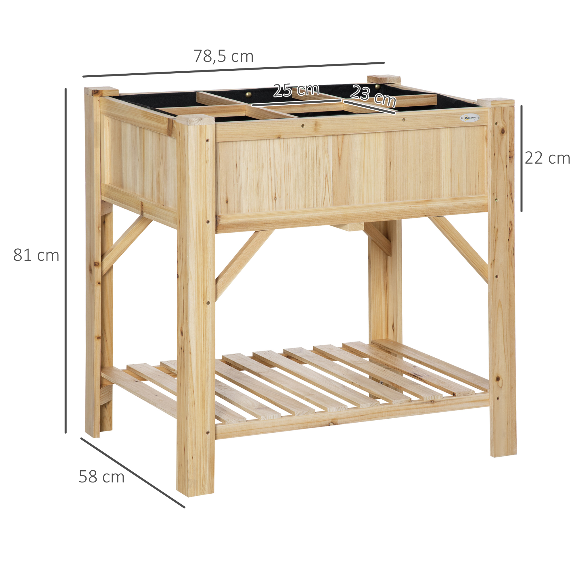 Cama de cultivo elevada de madera con divisores y estante inferior, con dimensiones.
