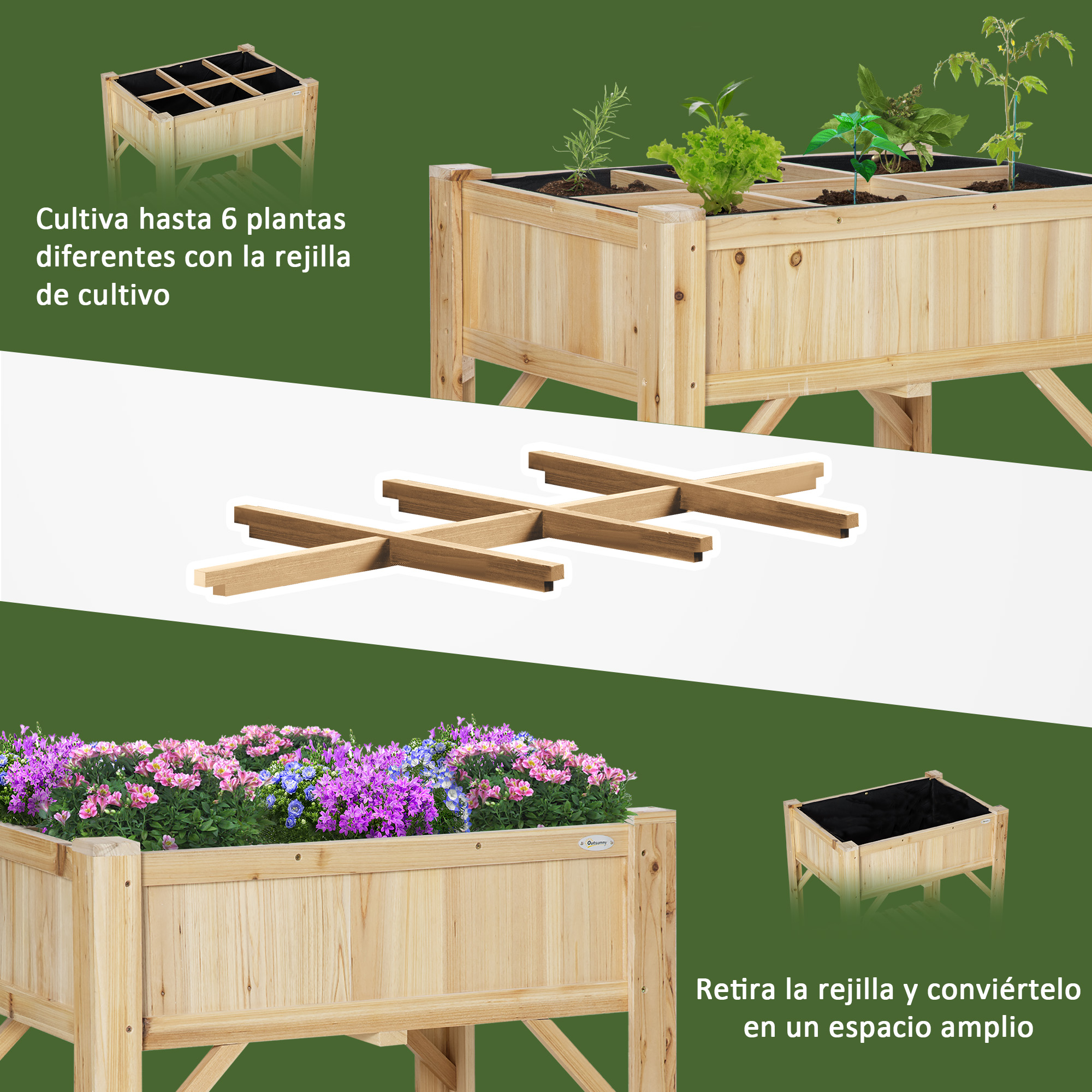Un huerto urbano de madera con rejilla extraíble para hasta seis plantas, mostrado con varias características.