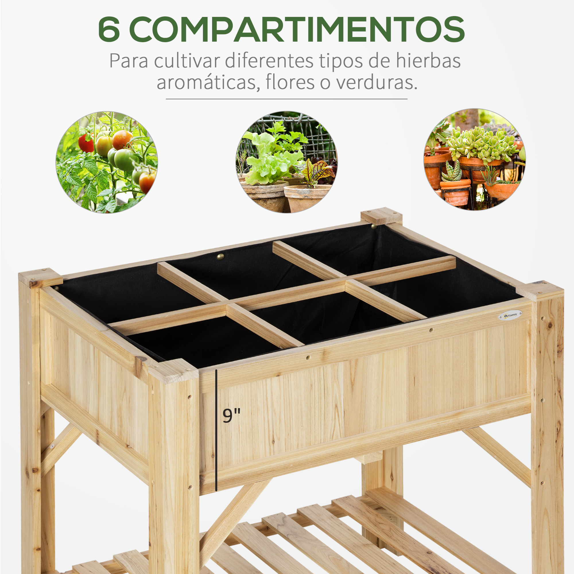 Un huerto urbano de madera con seis compartimentos negros y estante inferior, con plantas arriba.