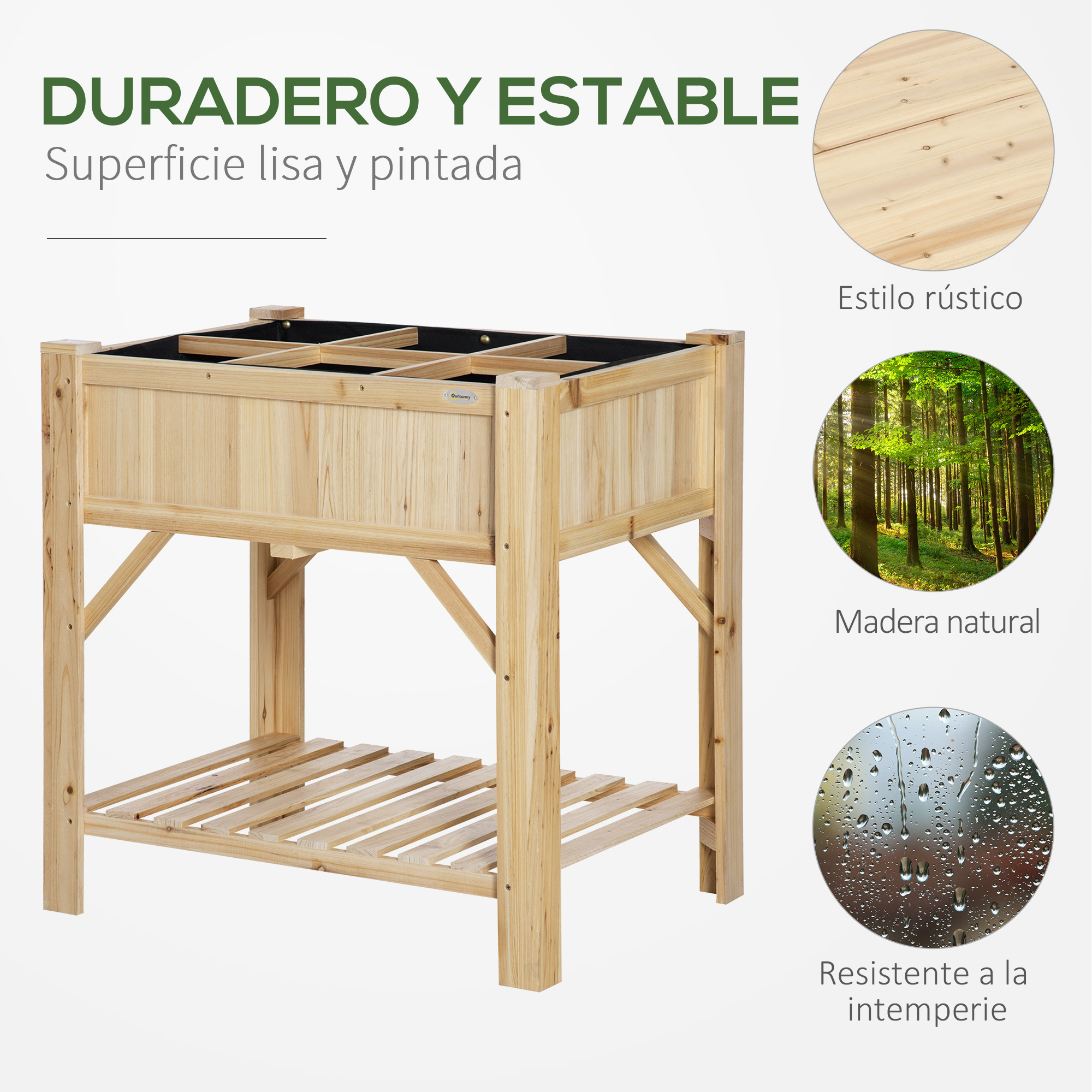 Huerto urbano de madera con zona de cultivo dividida, balda inferior y círculos de detalle.