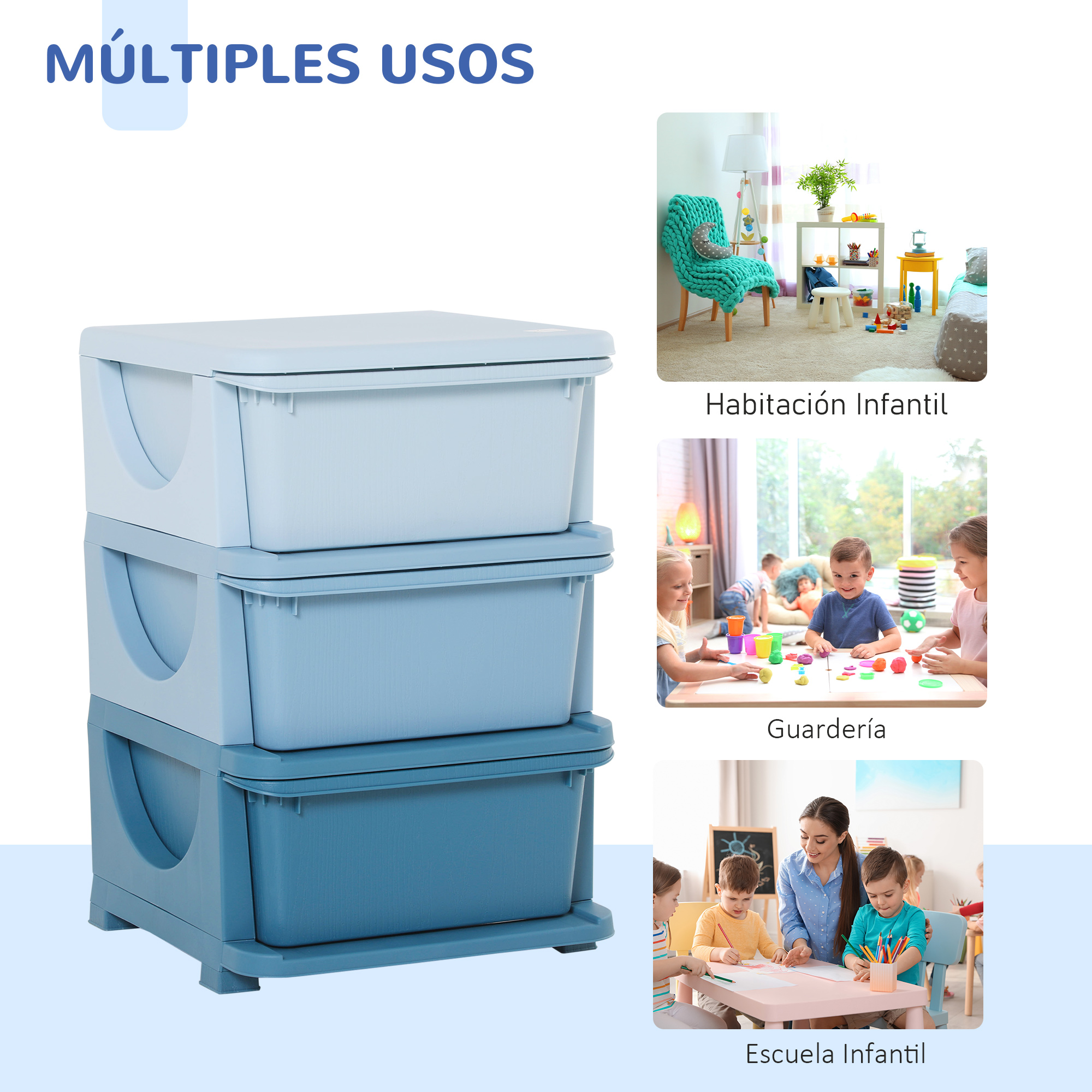 Cajas de almacenamiento de plástico azul apilables con ejemplos de uso en habitaciones infantiles y escuelas.
