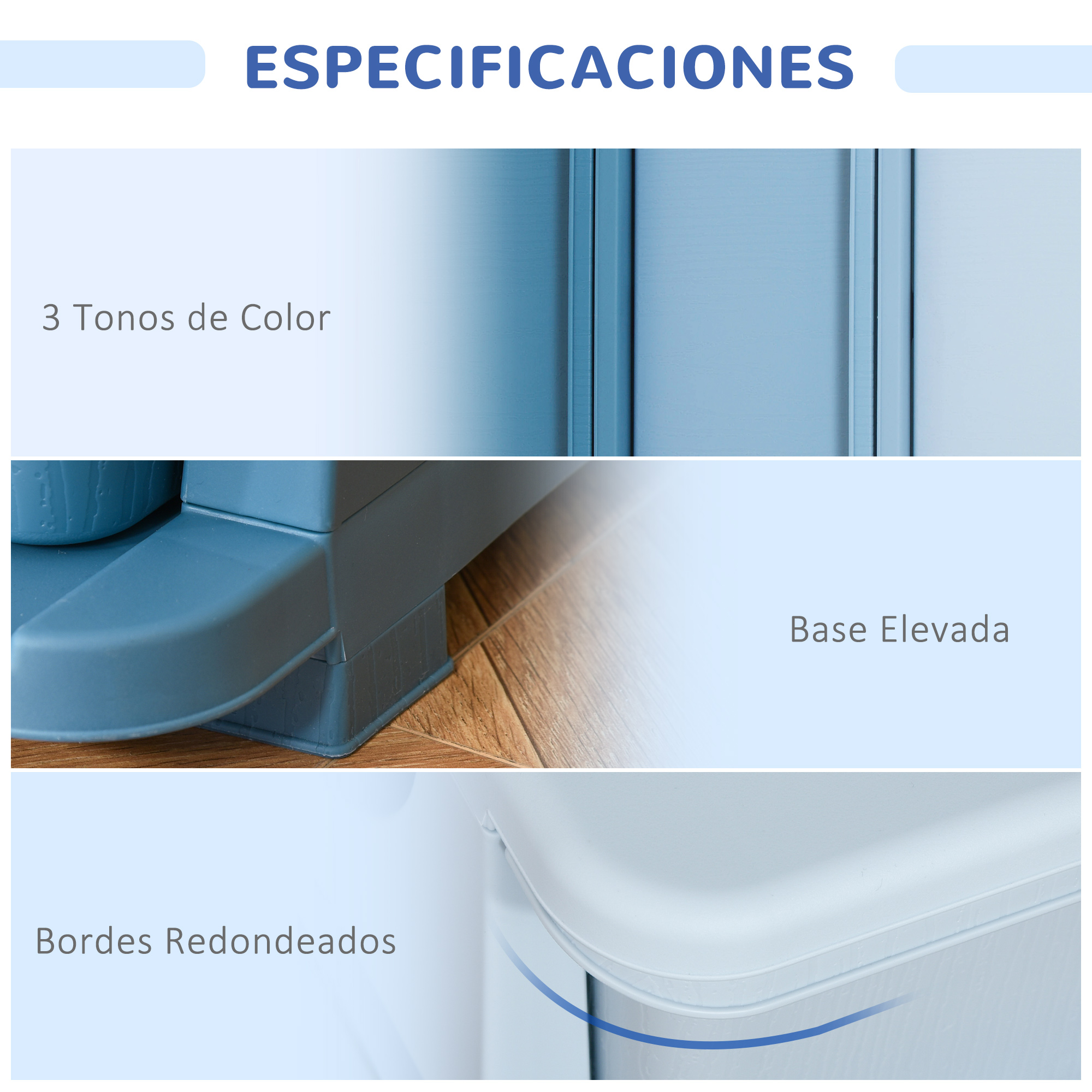 Características del producto en tonos azules muestran opciones de color, base elevada y bordes redondeados.