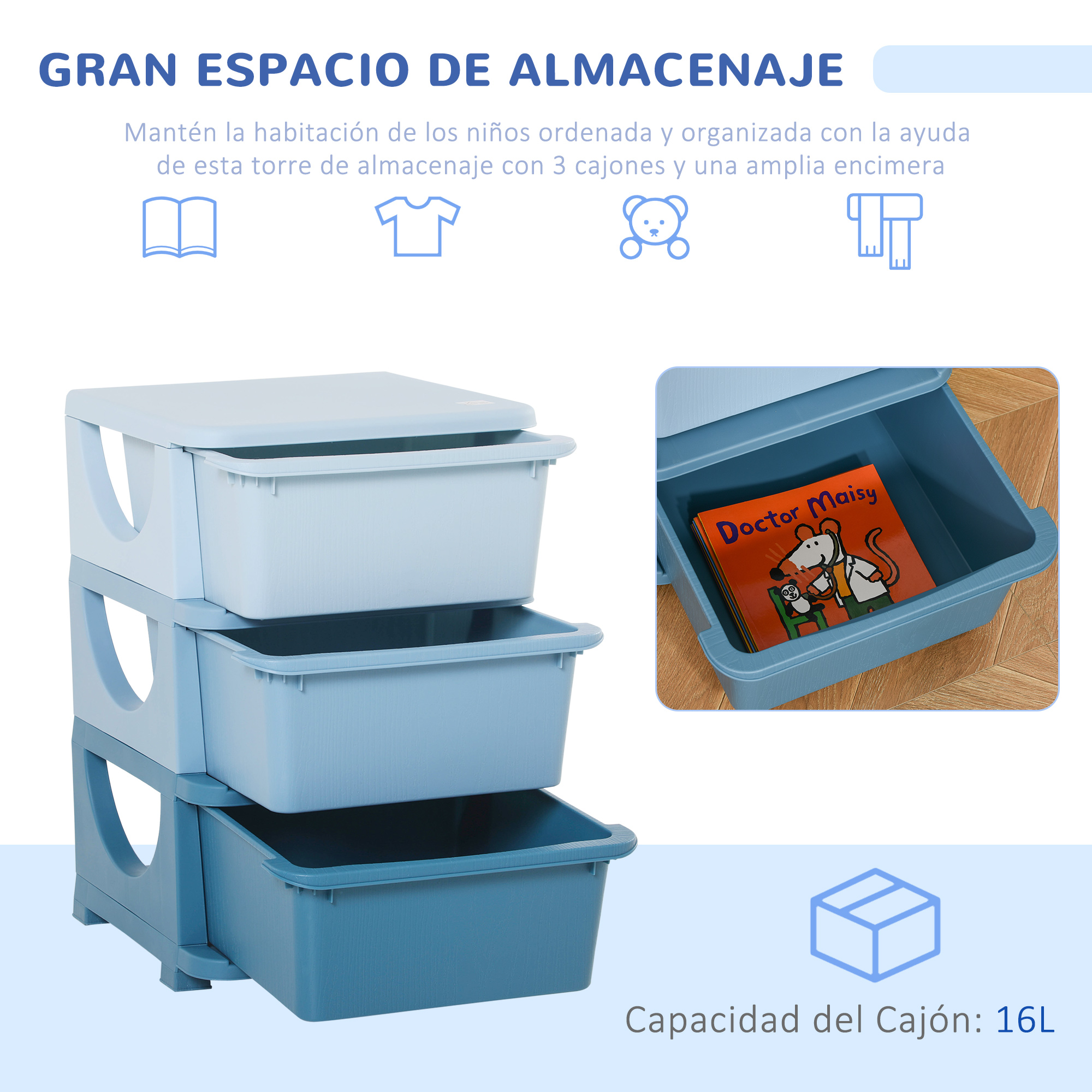Torre de almacenamiento azul de tres niveles para niños, con libros.