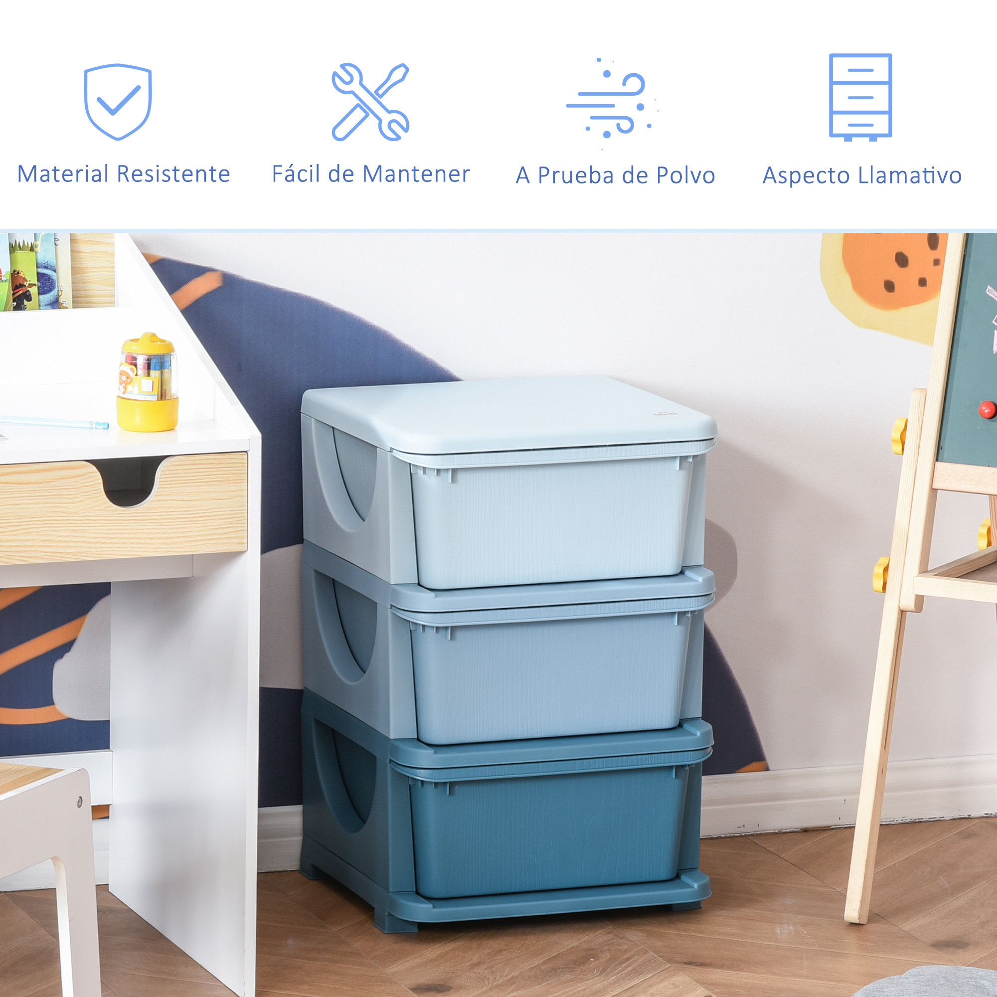 Tres cajas de almacenamiento azules apiladas en una habitación infantil.