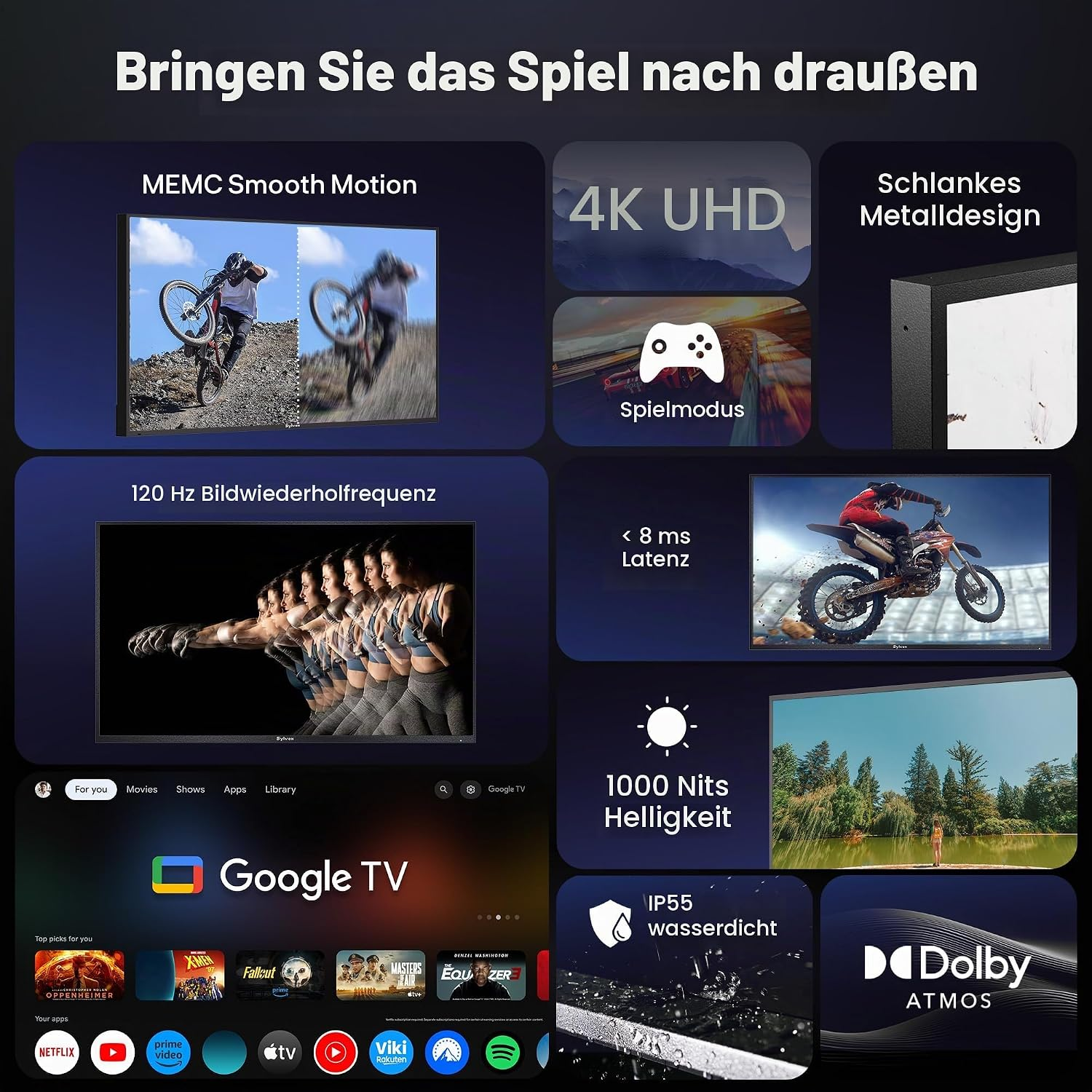 Resumen de funciones de TV como 4K UHD, MEMC Motion, 120Hz y Google TV sobre fondo azul.