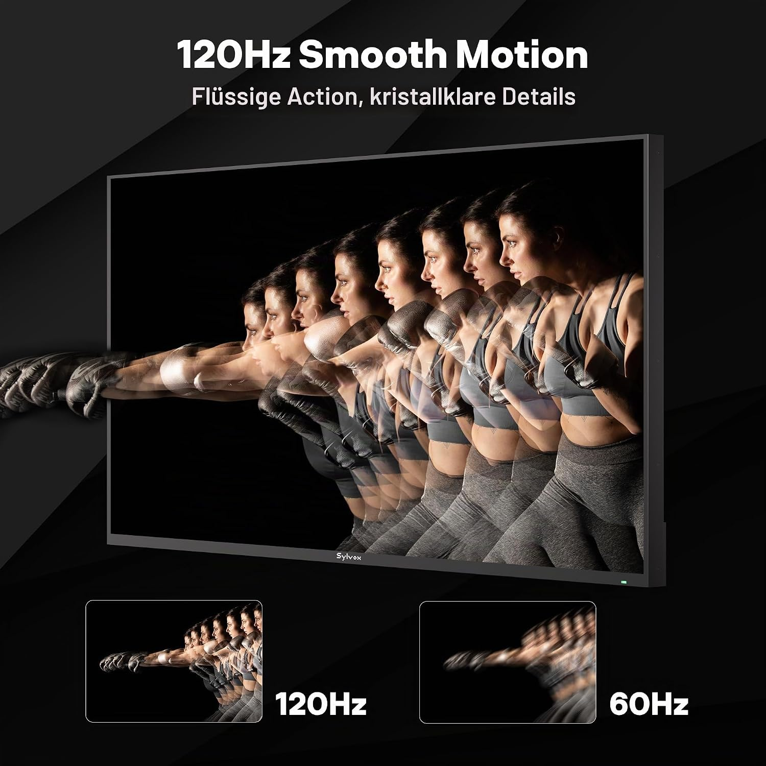 Un televisor muestra una secuencia de movimiento de una mujer golpeando, comparando 120Hz y 60Hz.