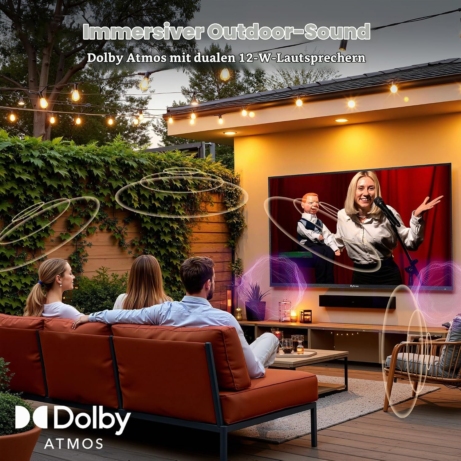 Gente viendo la televisión al aire libre en un jardín de noche, rodeados de árboles.