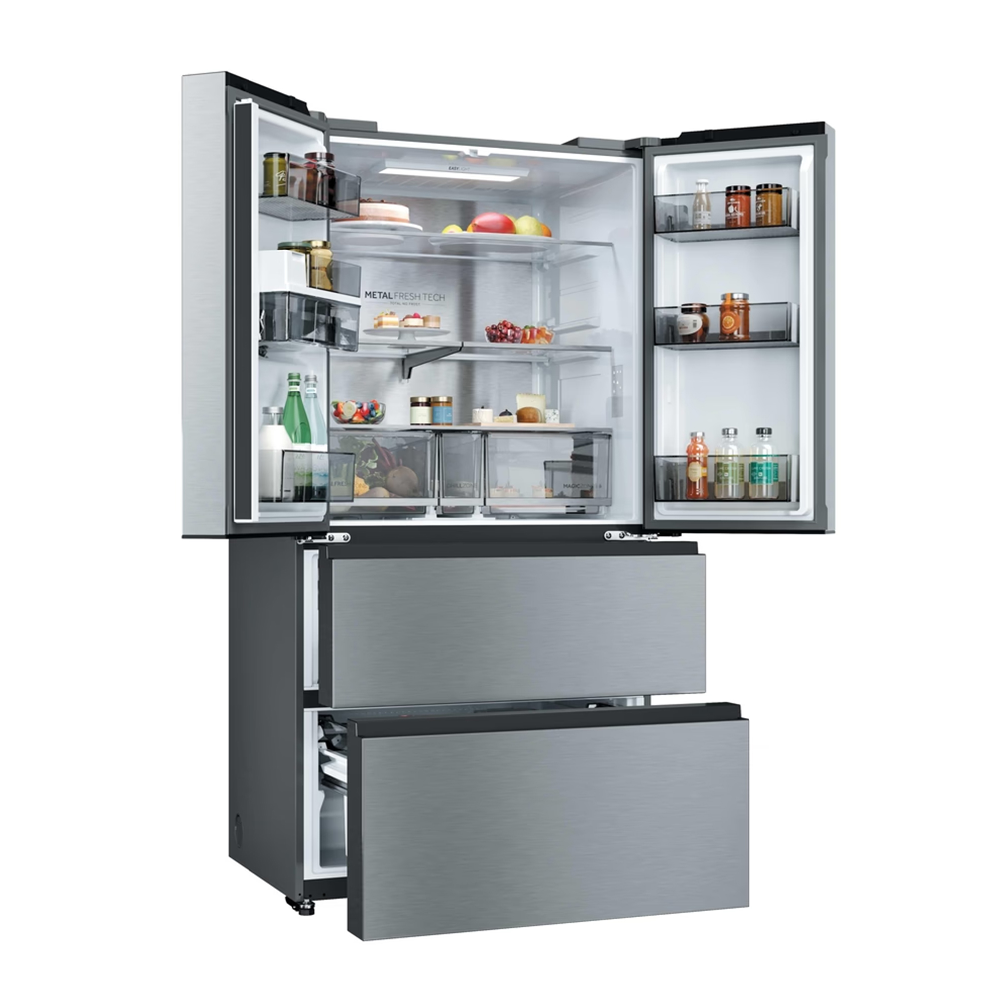 Frigorífico de acero inoxidable con puertas dobles abiertas y dos cajones inferiores extraíbles, lleno de comida.