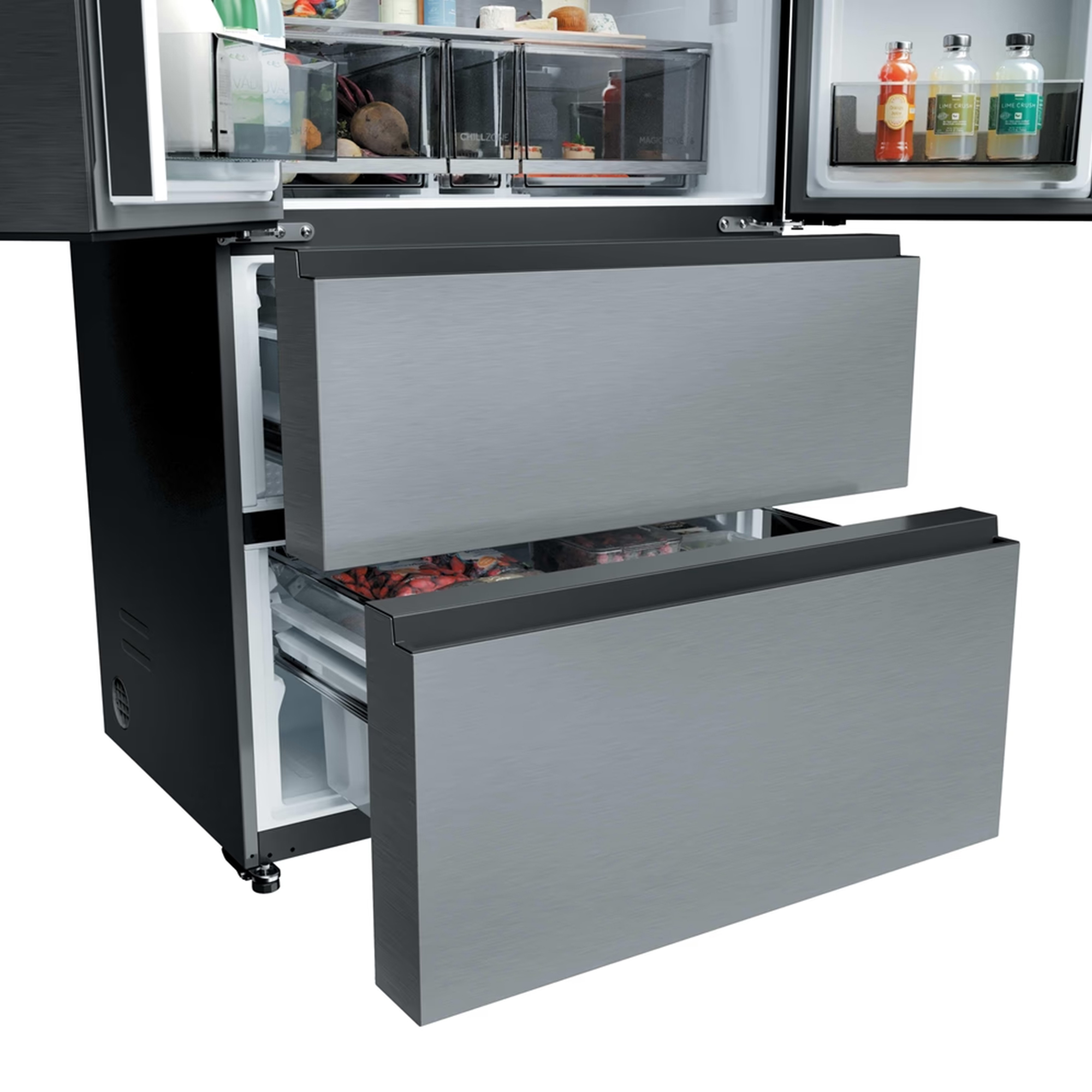 Moderno refrigerador negro con puerta superior abierta y dos cajones inferiores extraídos.