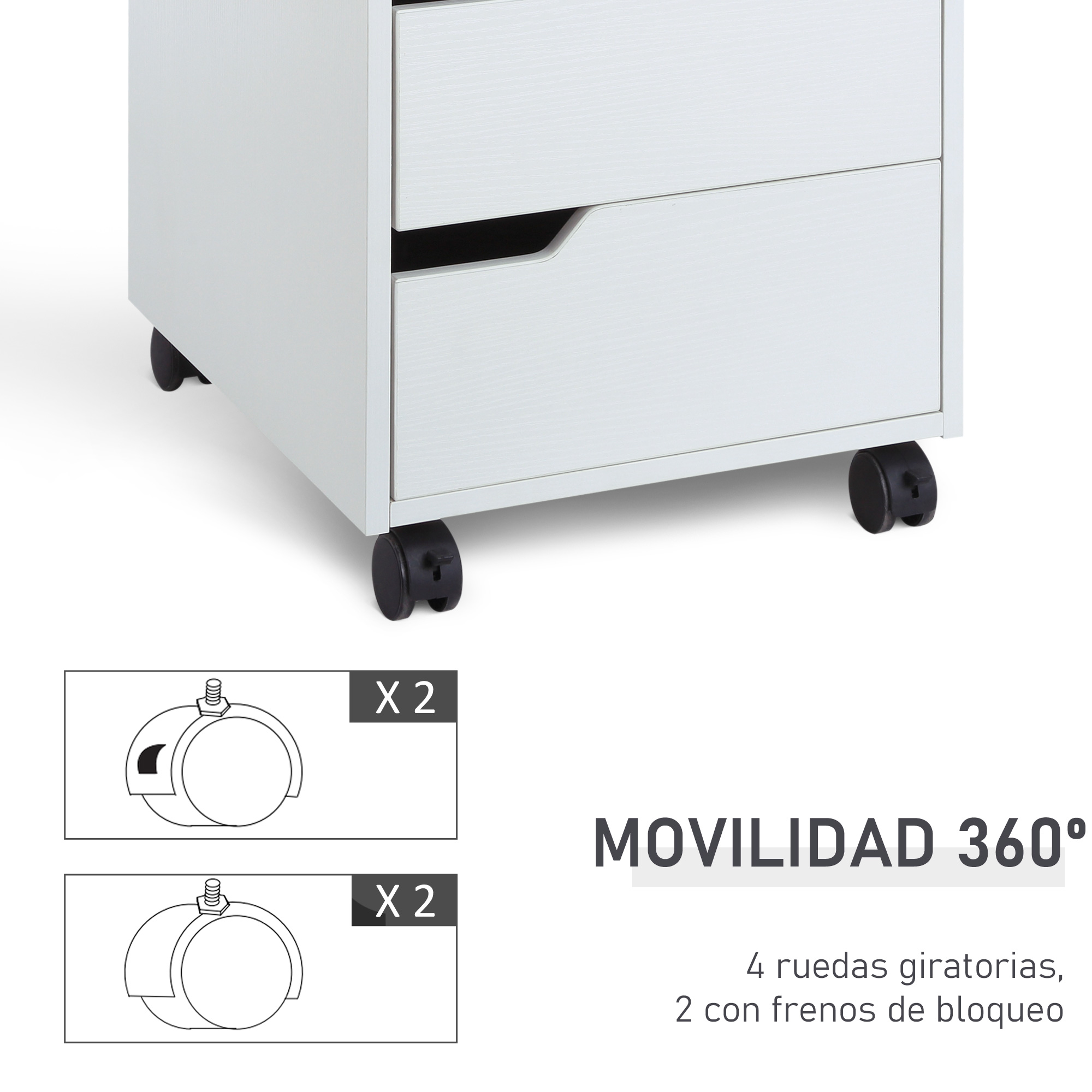 Un armario blanco con dos cajones y cuatro ruedas negras. El texto dice 'MOVILIDAD 360'.