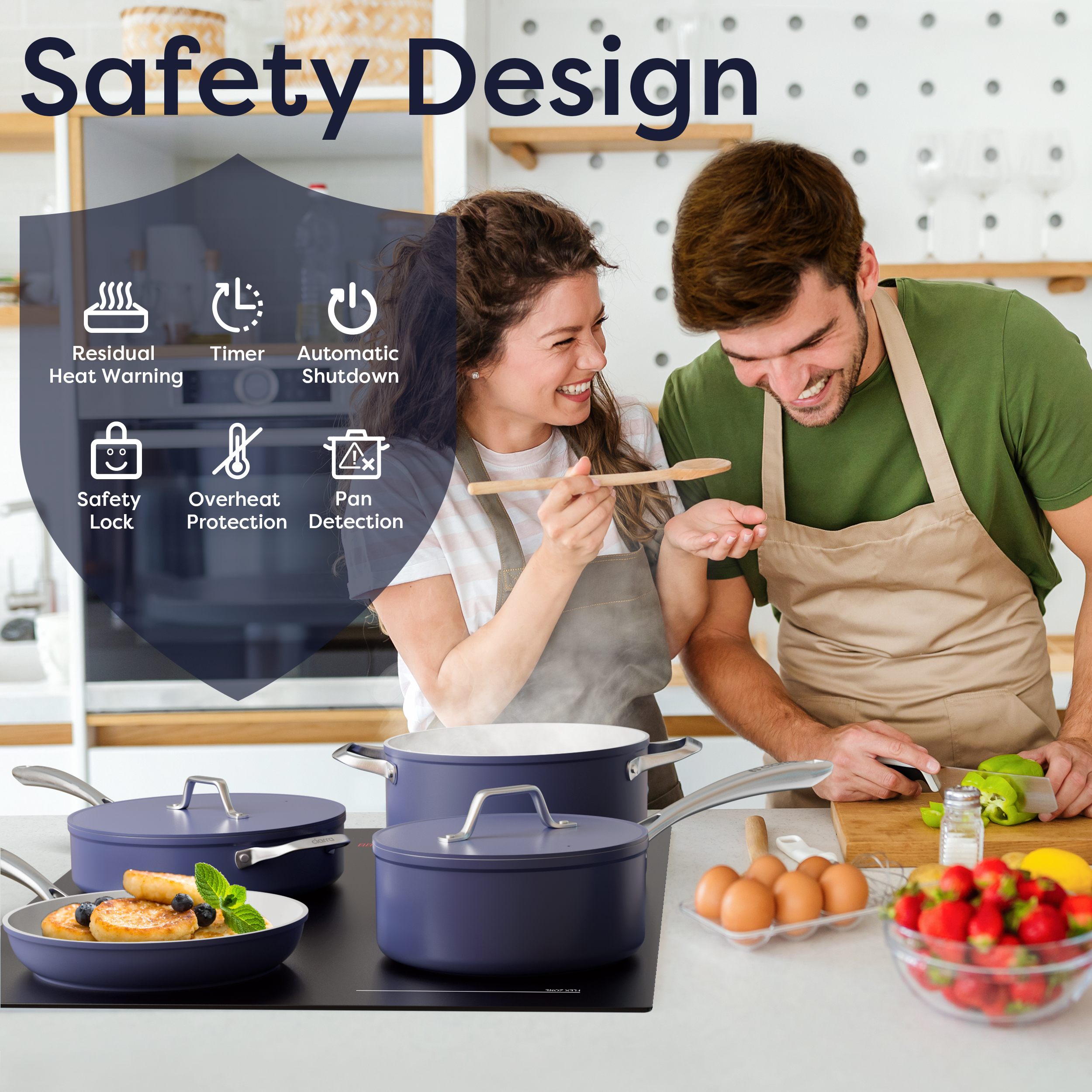 Una pareja sonriente cocina en una cocina junto a utensilios azules en una estufa e iconos de seguridad.