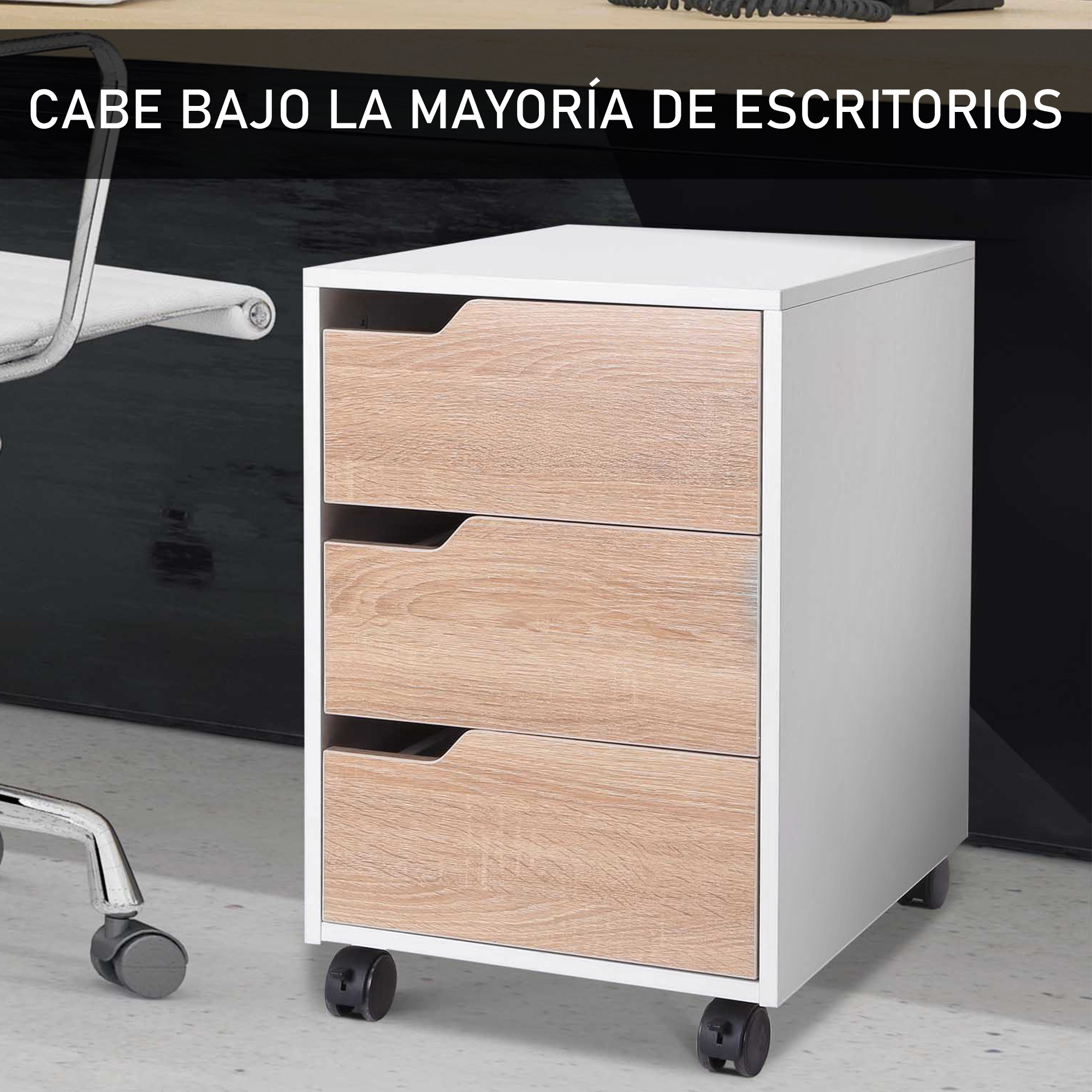 Un archivador blanco con ruedas y tres cajones de madera bajo un escritorio.