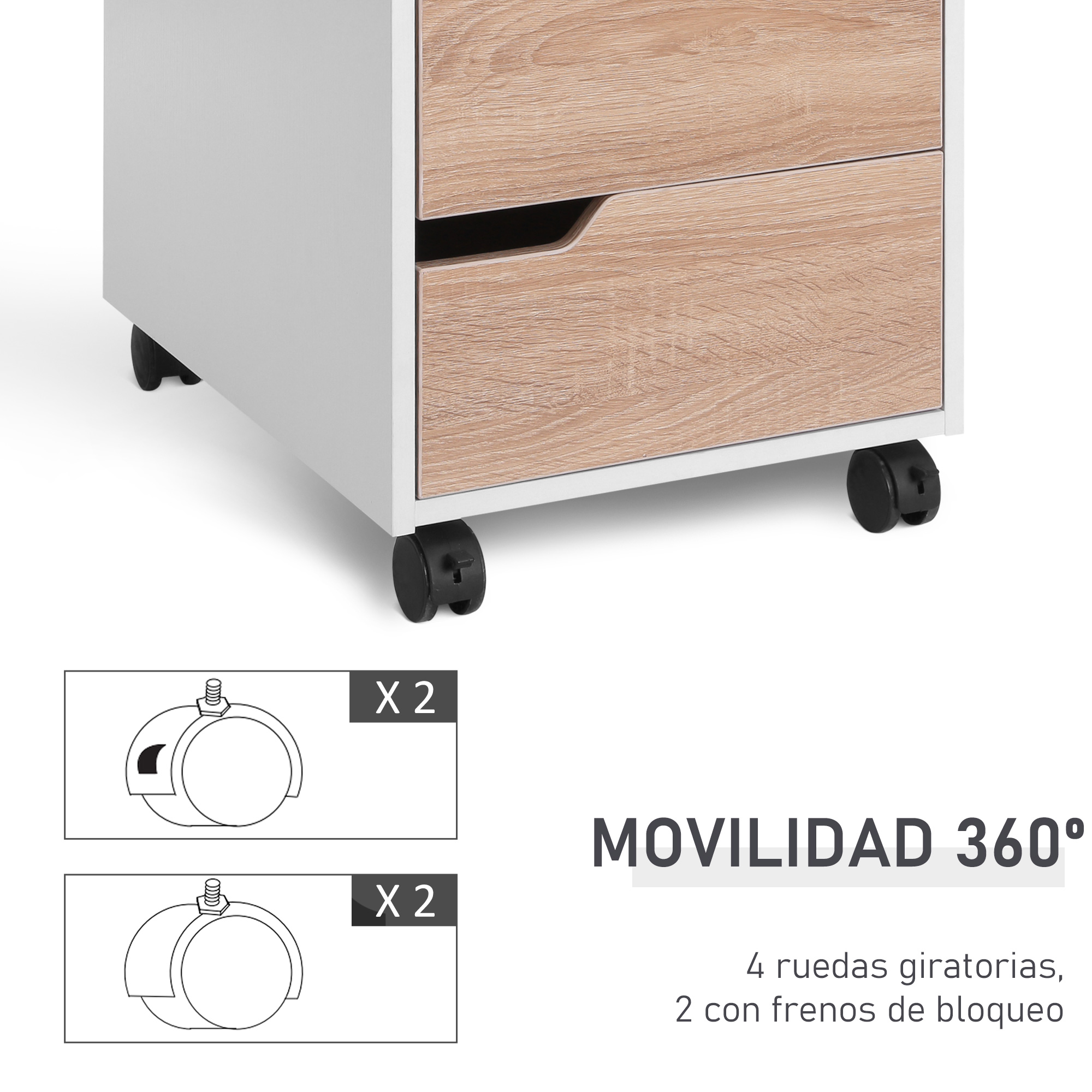 Mueble blanco y madera con ruedas negras, iconos de 4 ruedas giratorias, 2 con frenos.