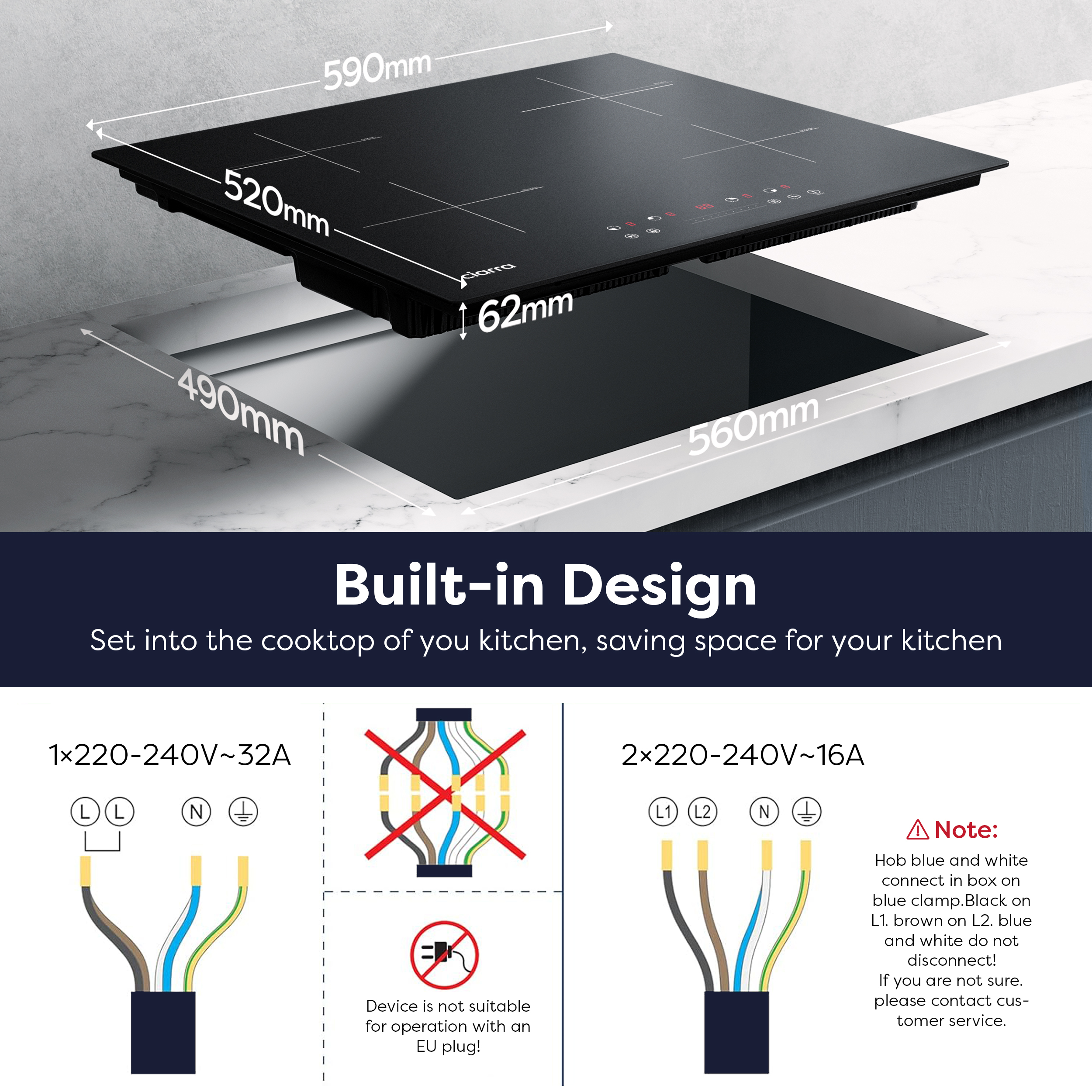Placa de inducción empotrable con medidas dimensionales y diagramas de cableado eléctrico.