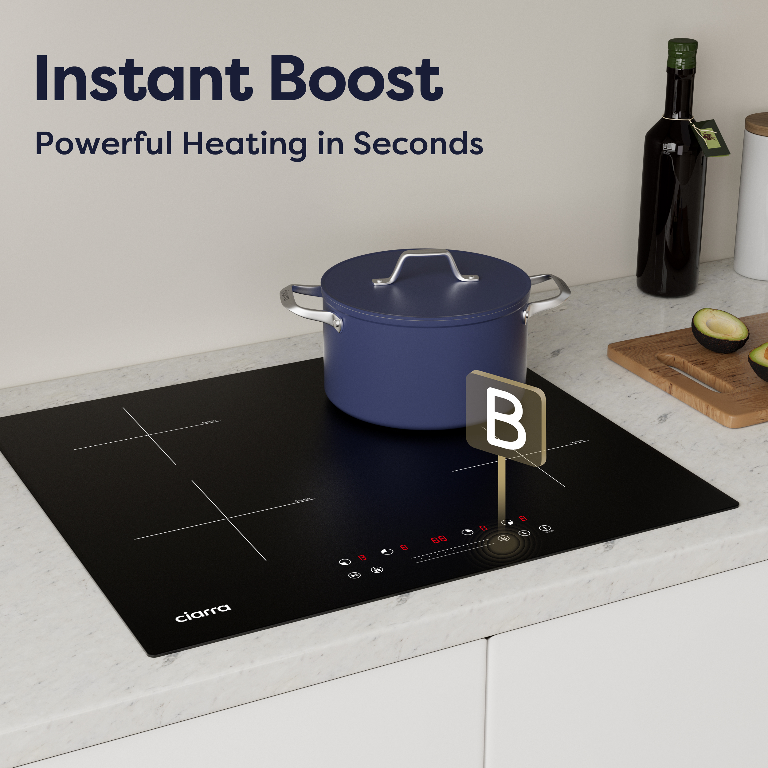 Una olla azul en una placa de inducción Ciarra, con texto Instant Boost y un icono con la letra B.