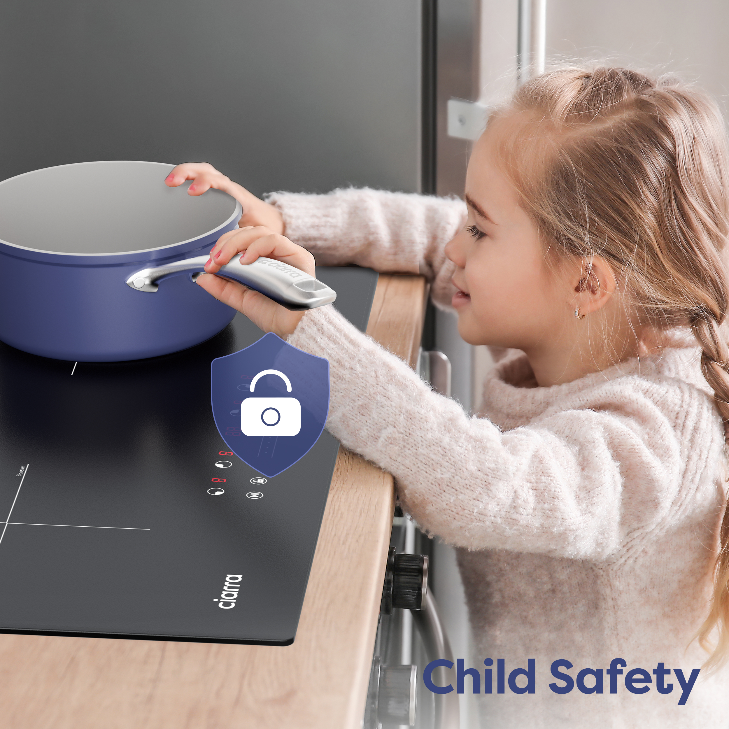 Una niña toca una olla azul en una placa de inducción negra con un icono de seguridad infantil.