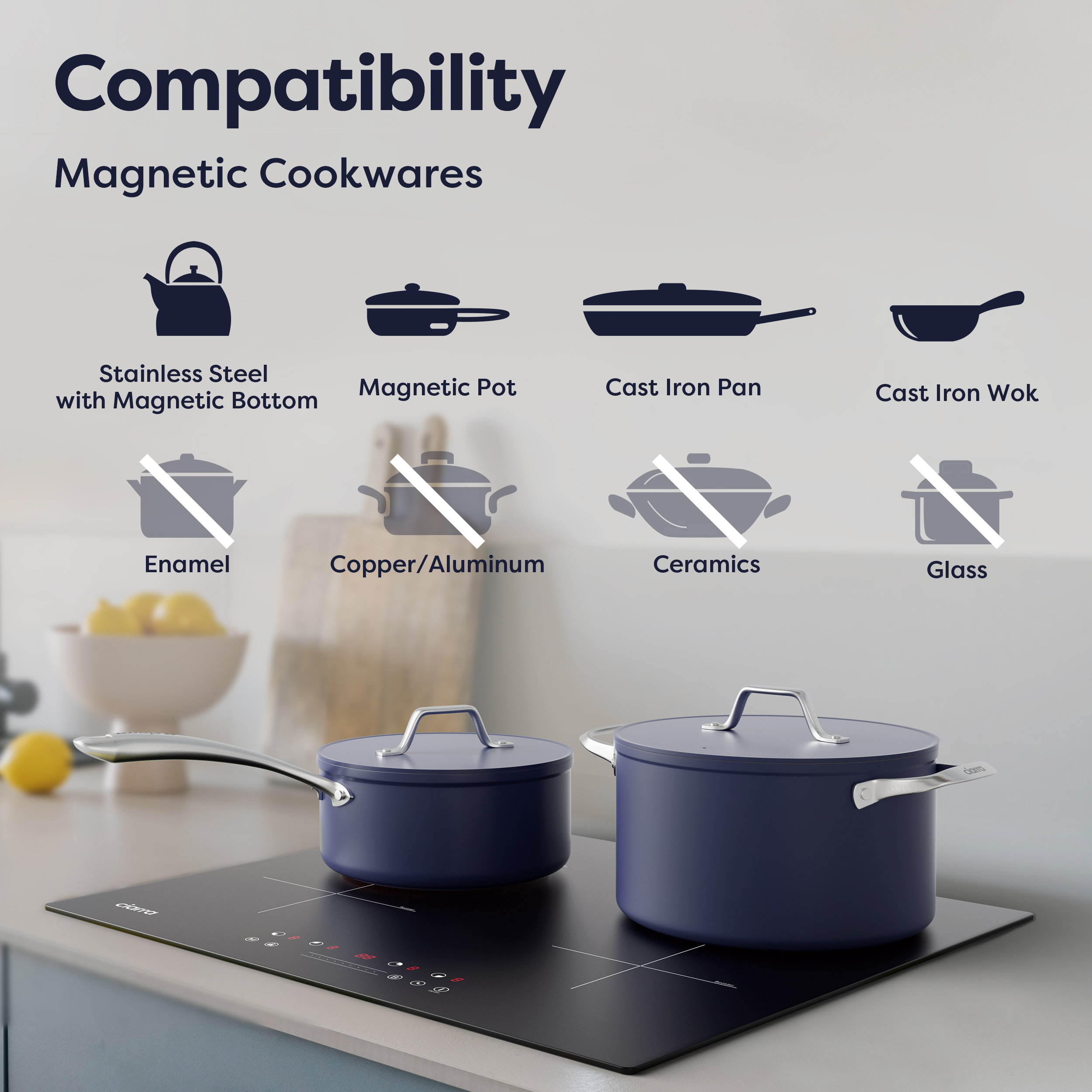 Tabla de compatibilidad para utensilios magnéticos con ollas azules en una placa de inducción.