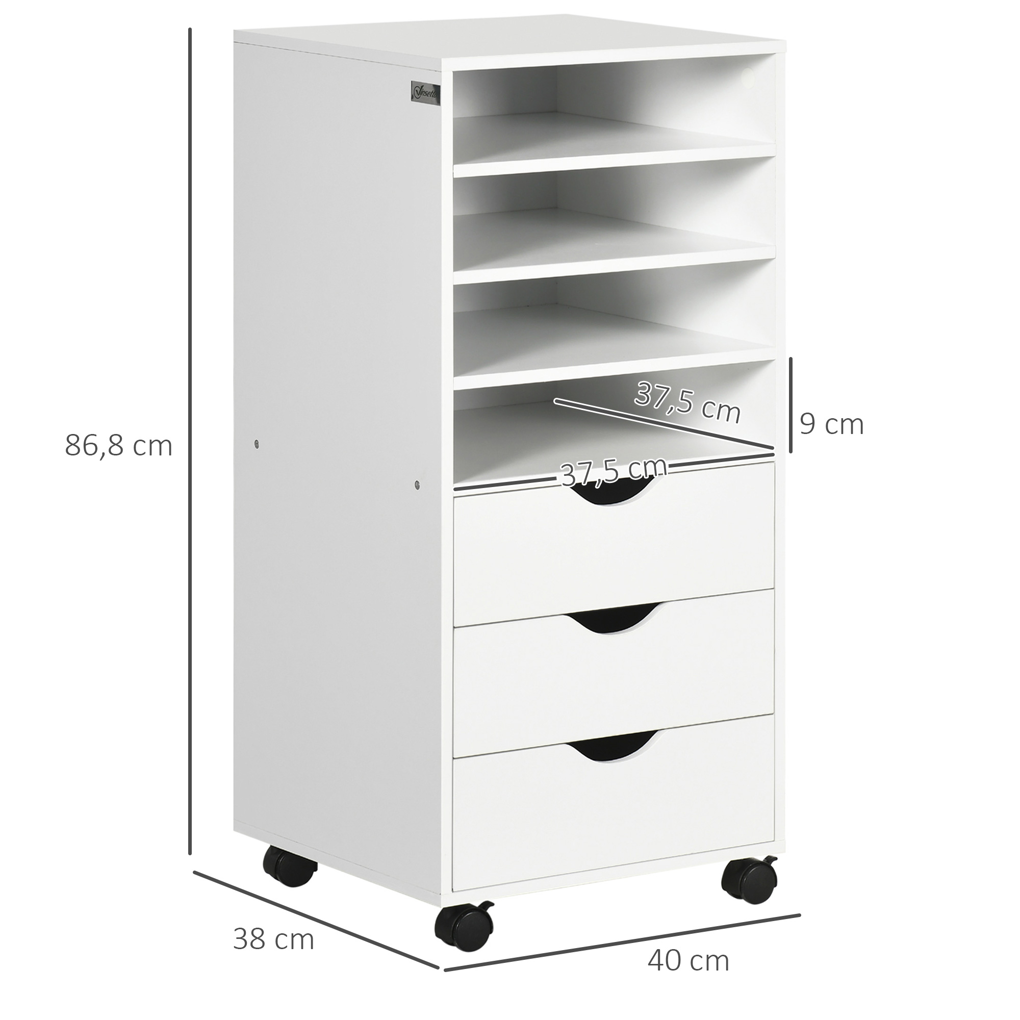 Mueble con ruedas blanco con cuatro estantes abiertos y tres cajones sobre ruedas negras, con medidas.