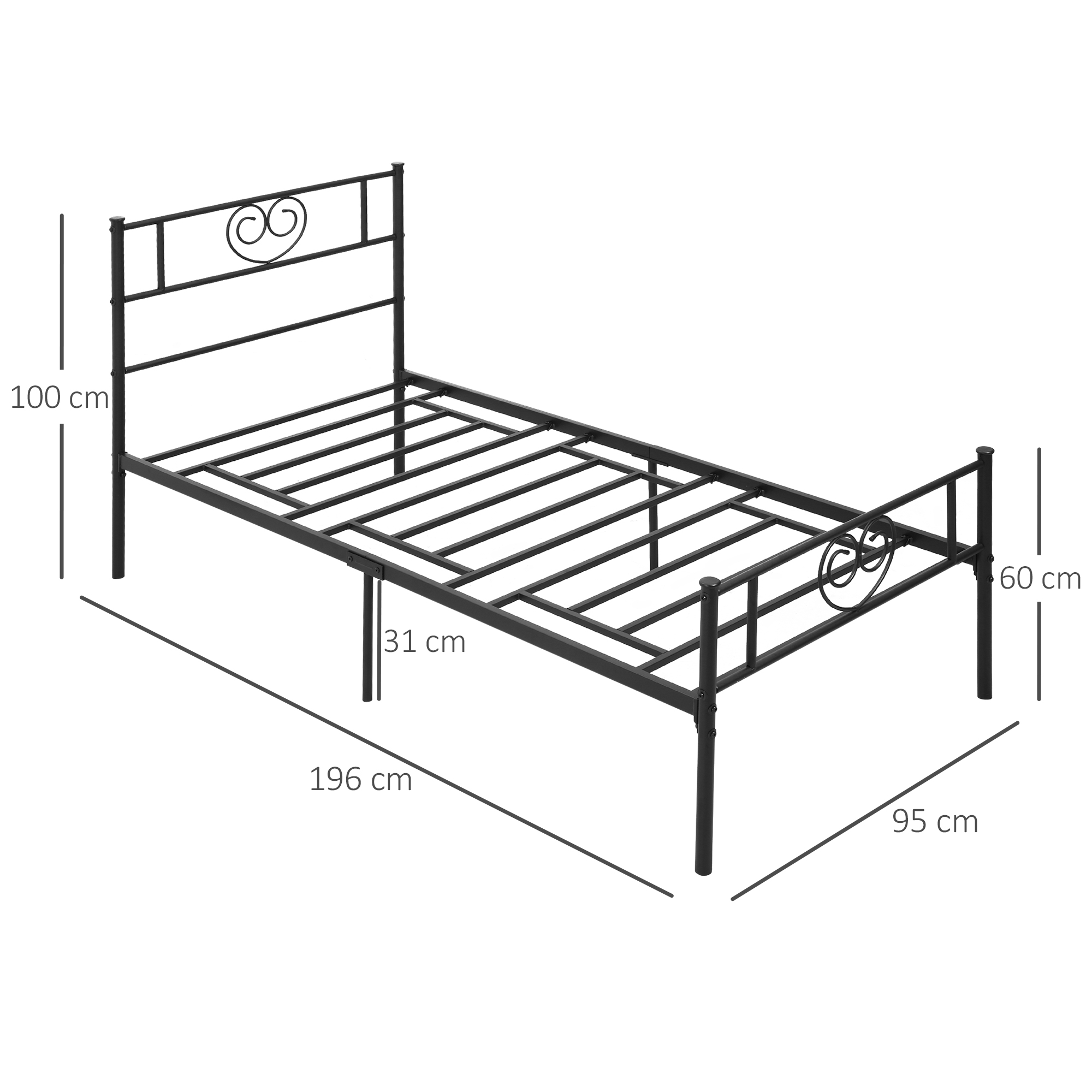 Cama de metal negro con motivos de corazón, 196x95 cm, con dimensiones.