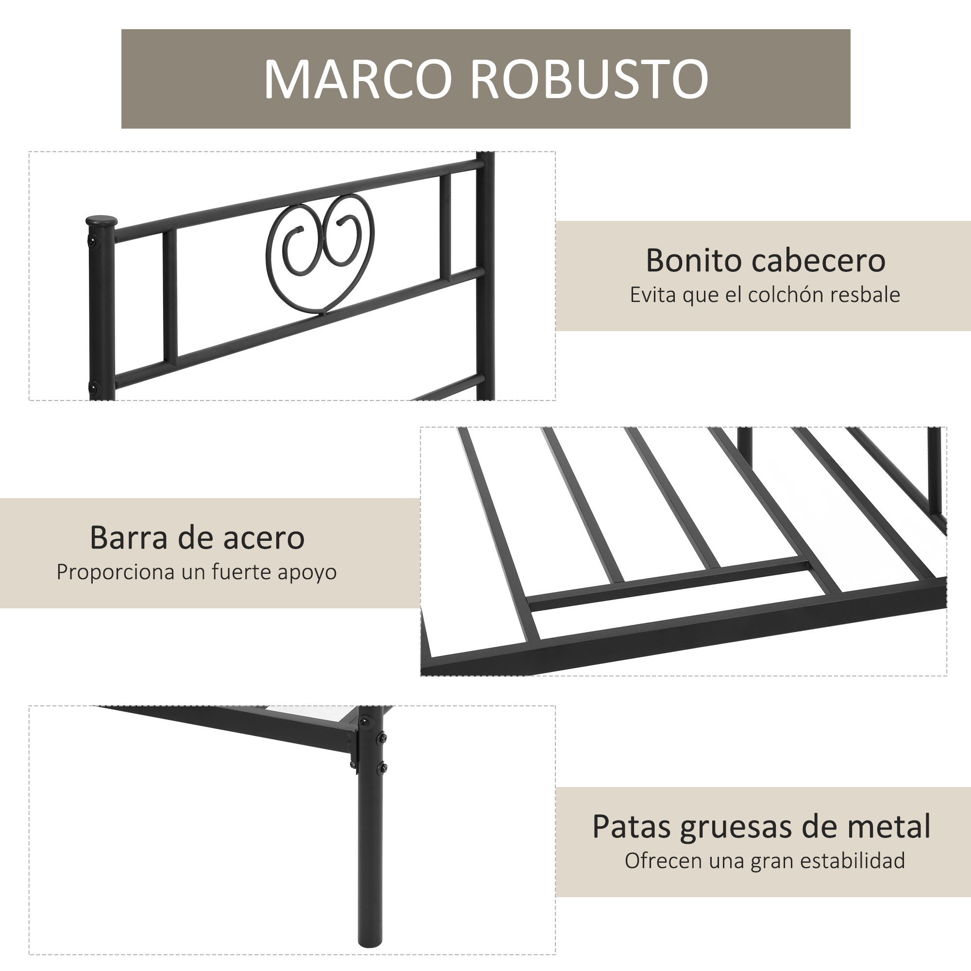 Marco de cama de metal resistente con cabecero de corazón, listones y patas gruesas.