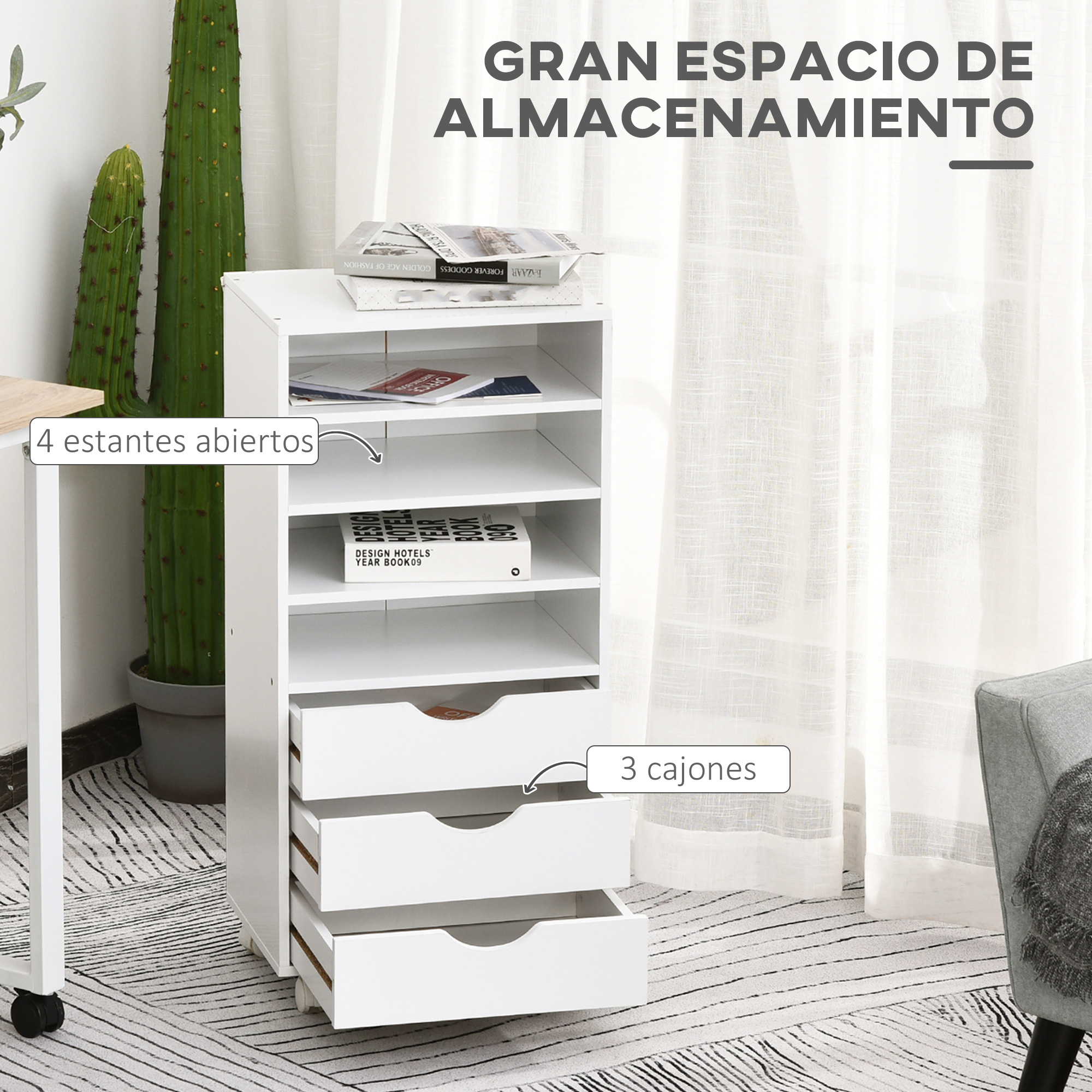 Un armario de almacenamiento blanco con cuatro estantes abiertos y tres cajones, con libros y revistas.
