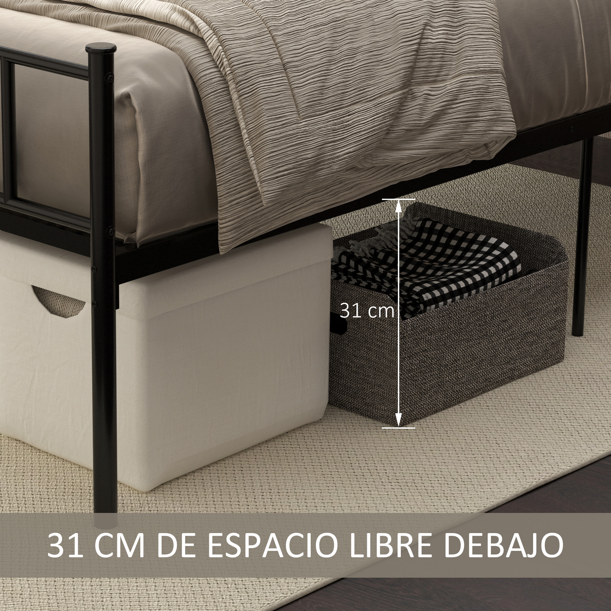Cama de metal negro con 31 cm de espacio libre debajo, con cajas y una cesta.