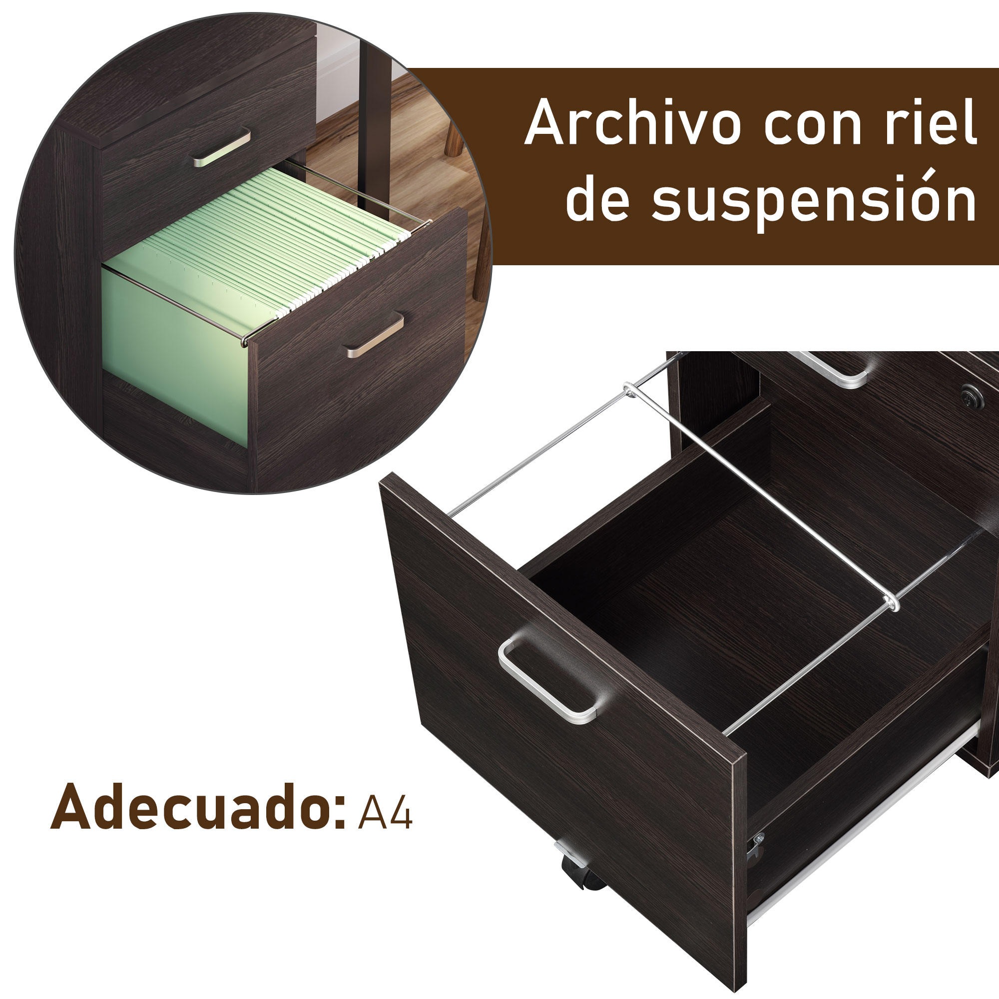 Archivador marrón oscuro con riel de suspensión para carpetas A4.