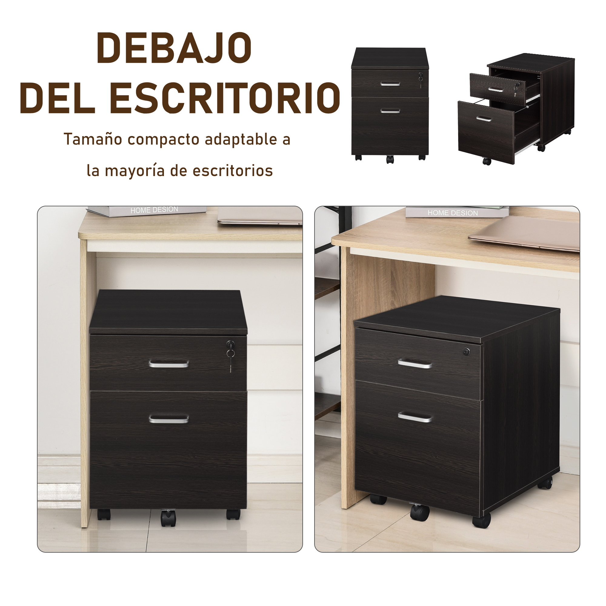Un archivador móvil compacto marrón oscuro con dos cajones y tiradores plateados cabe debajo de los escritorios.