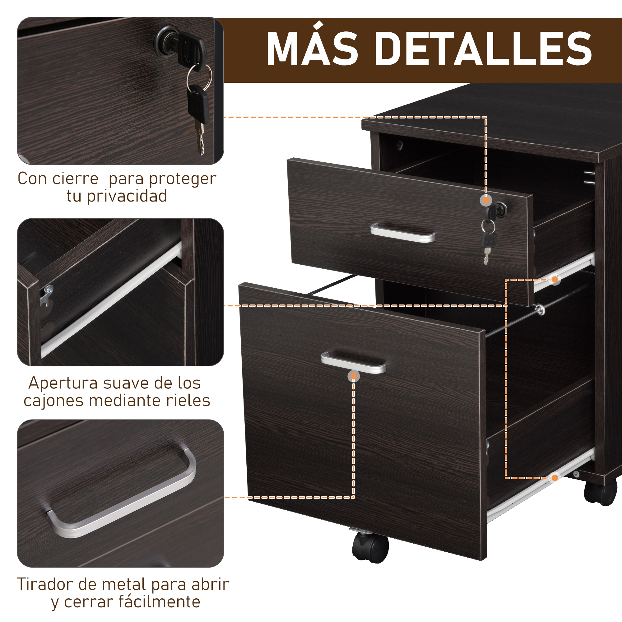 Archivador marrón oscuro con ruedas, dos cajones abiertos, cerradura y tiradores metálicos.