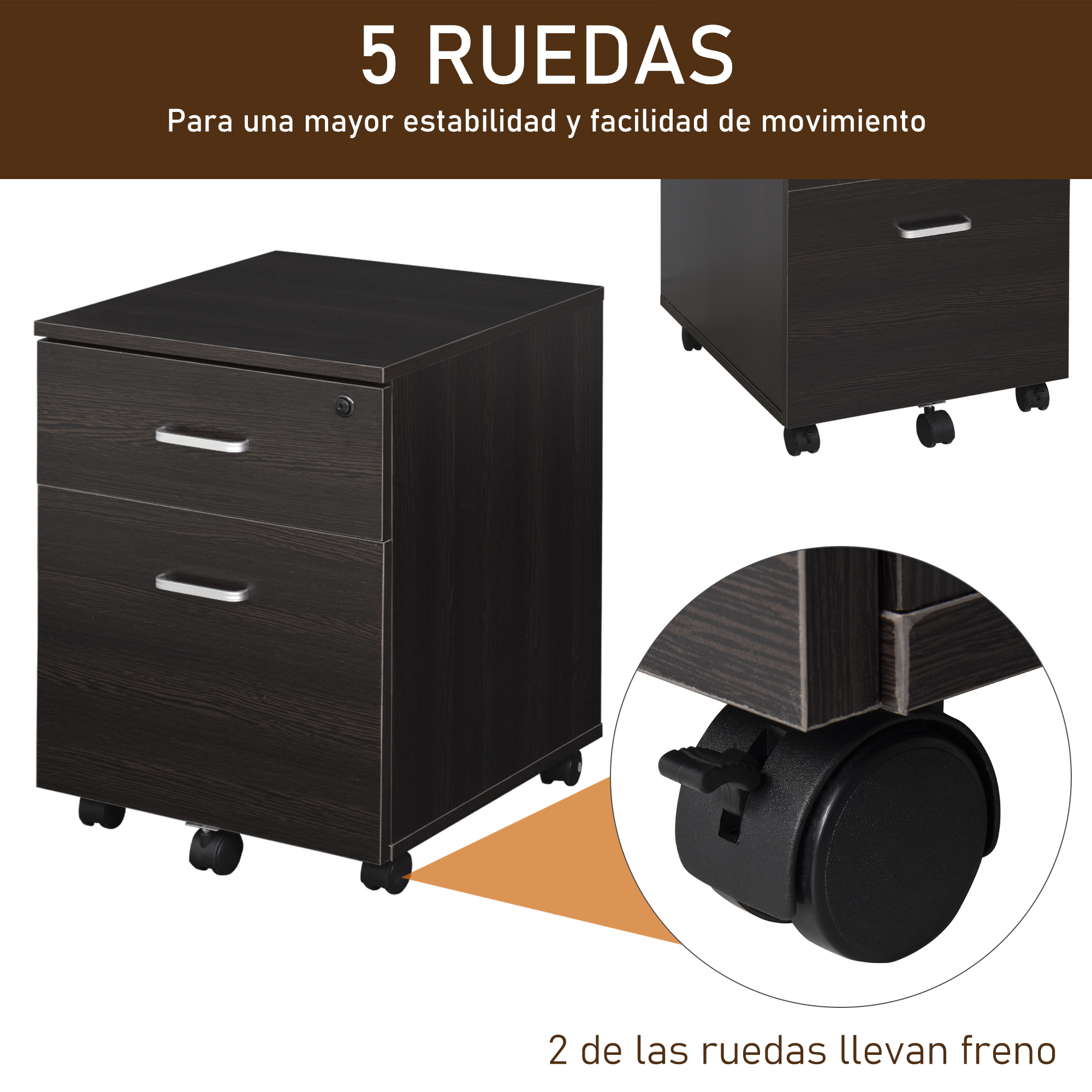 Un archivador oscuro con ruedas, dos cajones, tiradores plateados y un detalle ampliado de su rueda con freno.