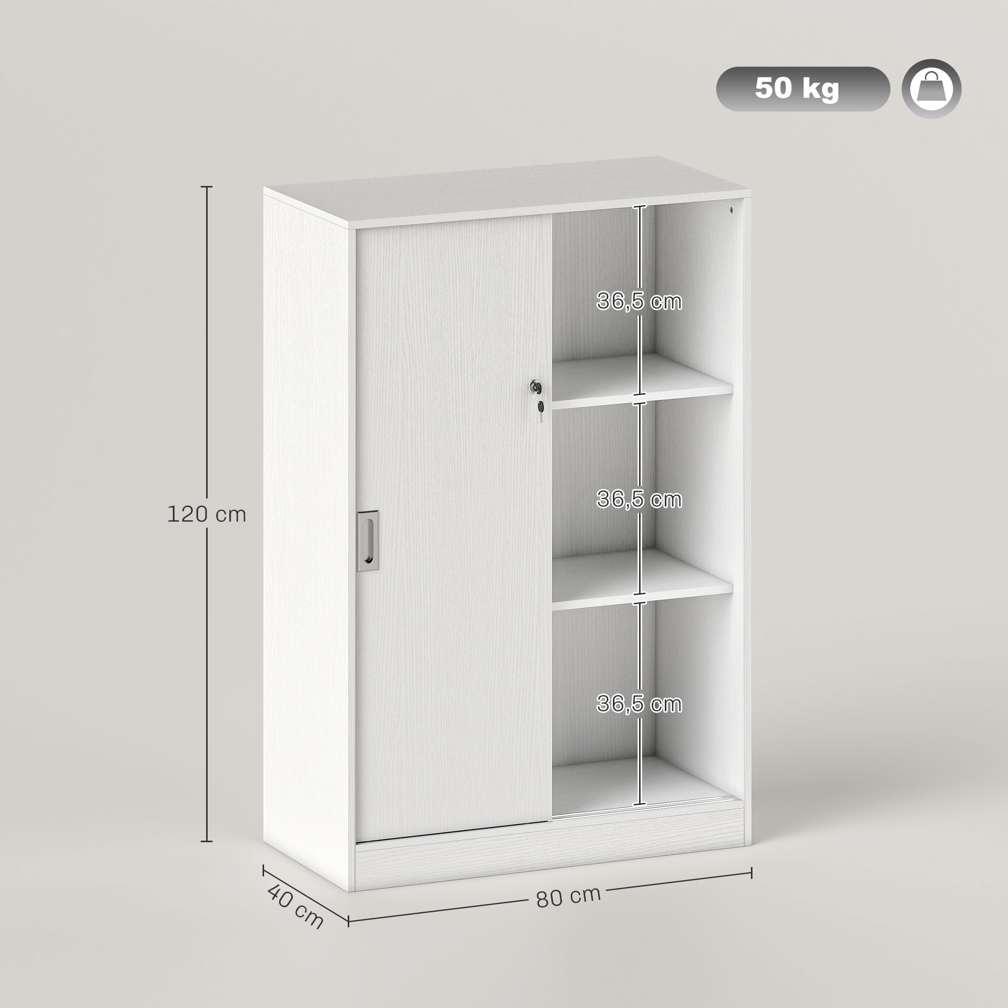 Armario de almacenamiento de madera blanca con puertas correderas y medidas en centímetros.
