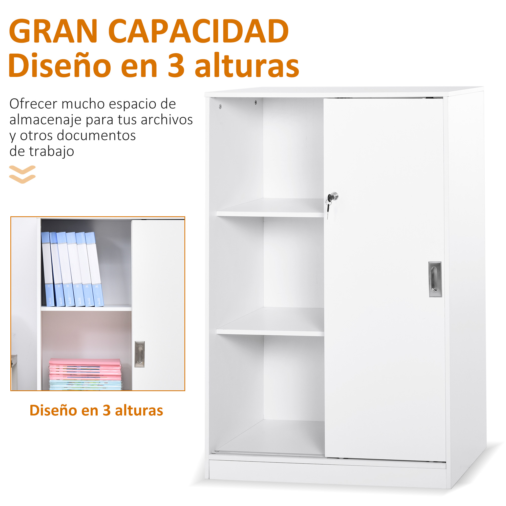 Armario blanco de tres alturas con puerta corredera, cerradura y tirador, con archivadores dentro.