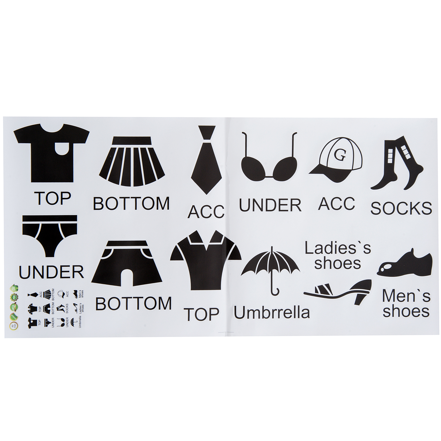 Iconos de ropa negra y etiquetas como parte superior, inferior y zapatos en fondo blanco.