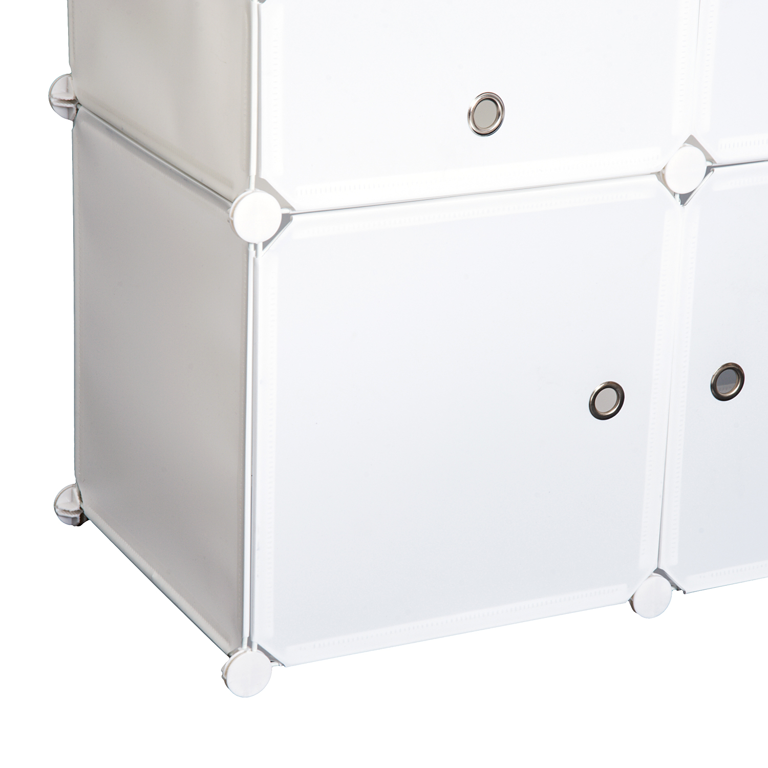 Una unidad de cubos de almacenamiento modular blanca con tiradores y conectores redondos.