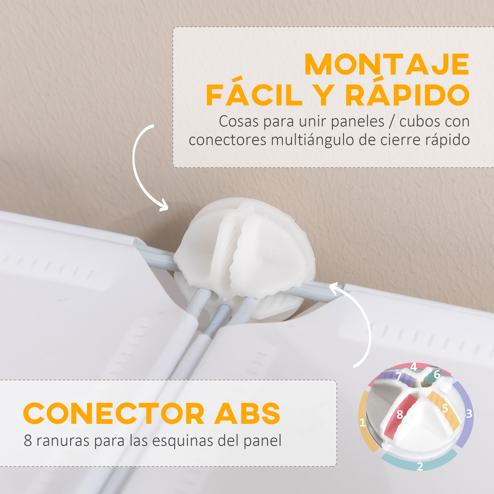 Conector ABS blanco con ocho ranuras para paneles, acompañado de texto explicativo y flechas.