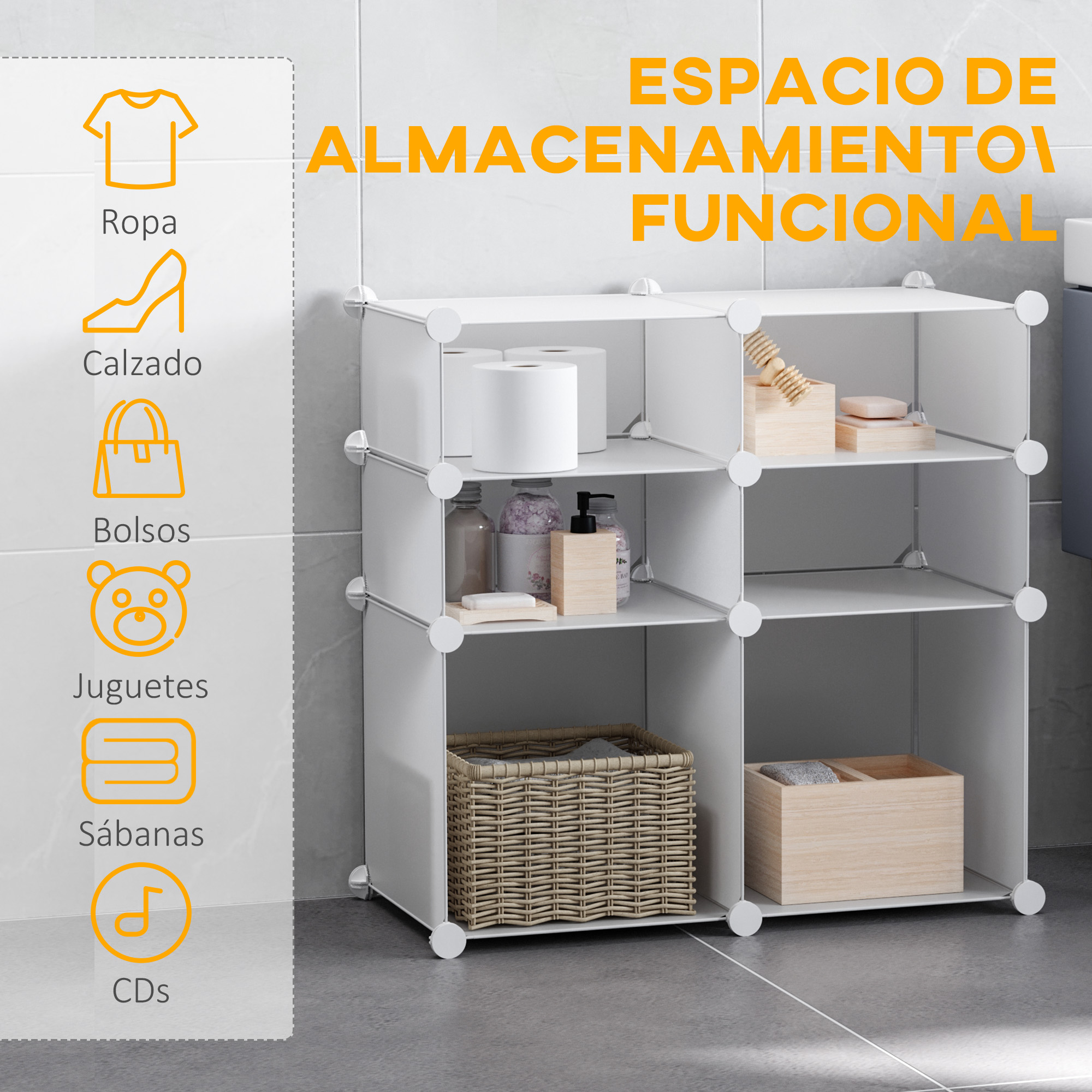 Estantería modular blanca de cubos en un baño con artículos de aseo.