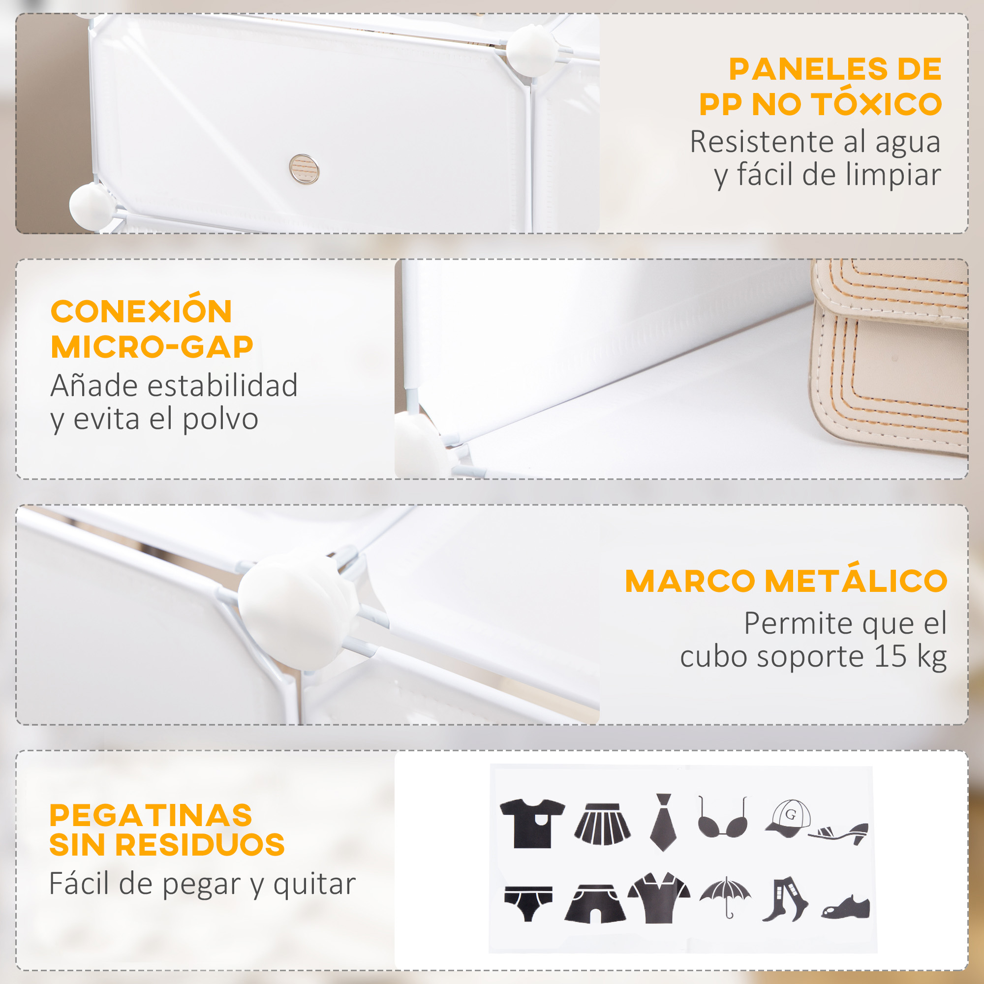 Cuatro paneles muestran características: paneles de PP, conexión micro-gap, marco metálico y pegatinas.