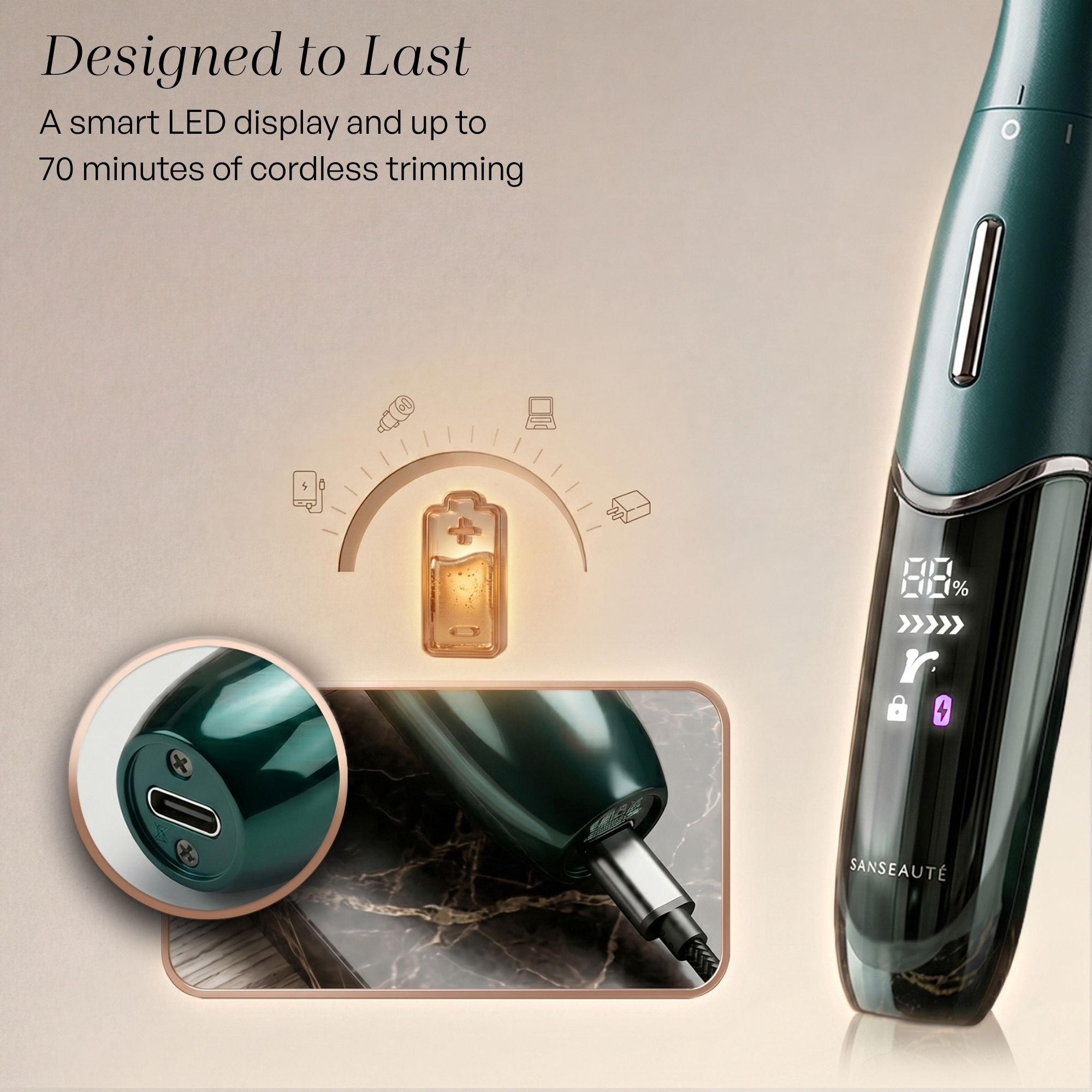 Trimmer verde con display LED, indicatore di carica e porta USB-C.