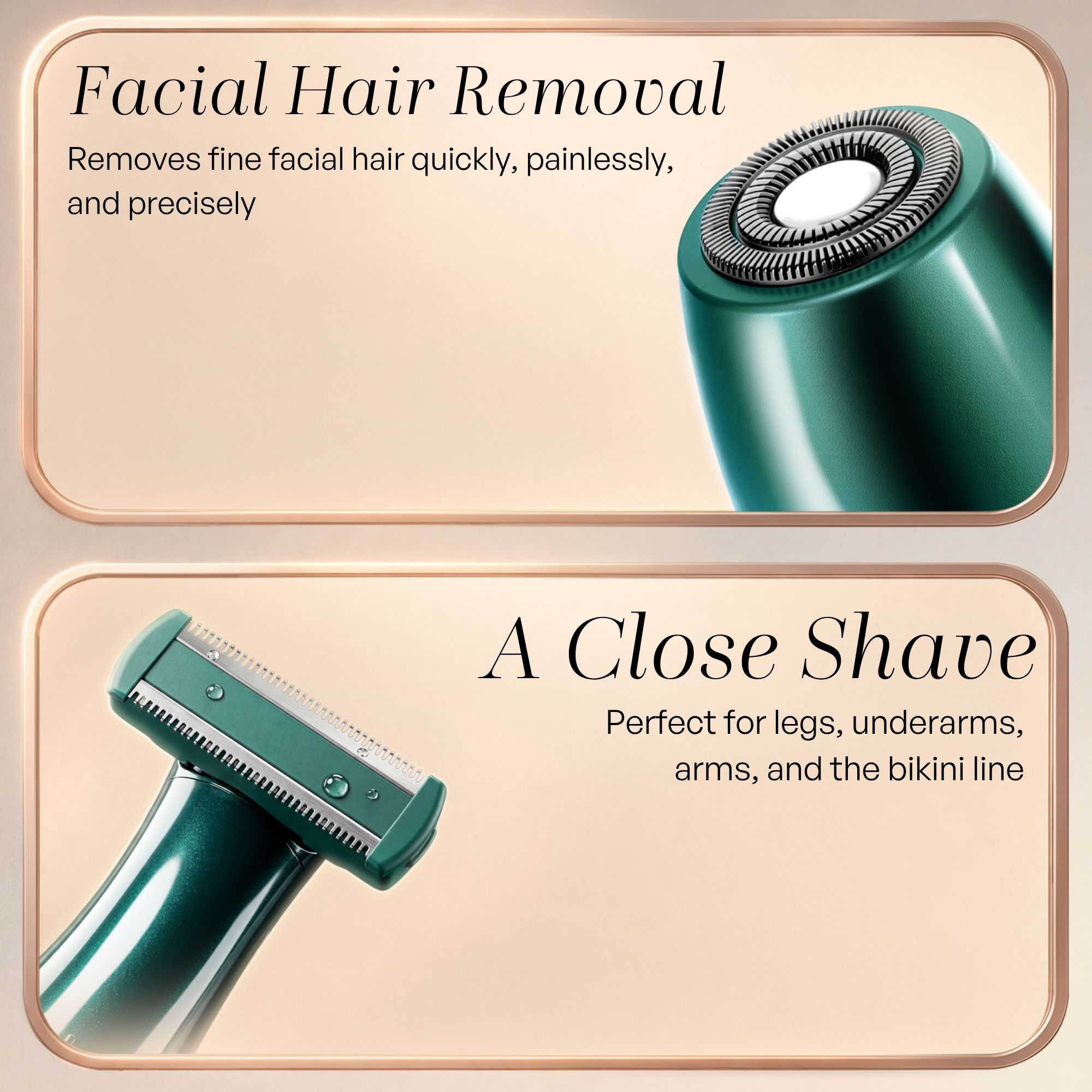 Rasoio verde con accessori per viso e corpo, con testo.