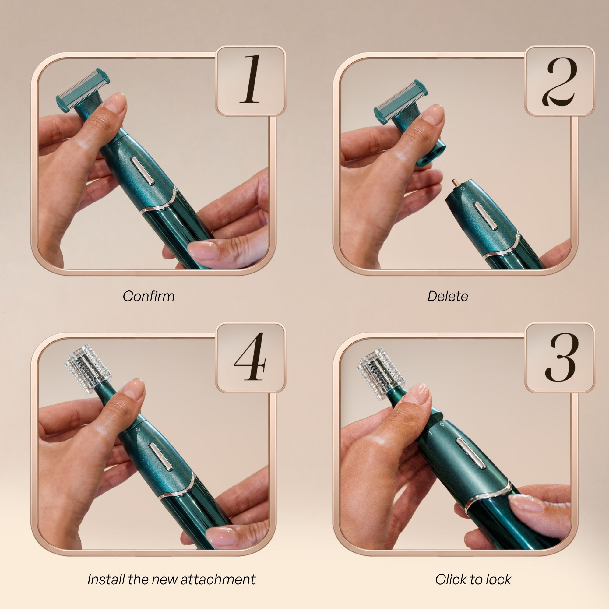 Four steps show removing and replacing an attachment on the green shaver.