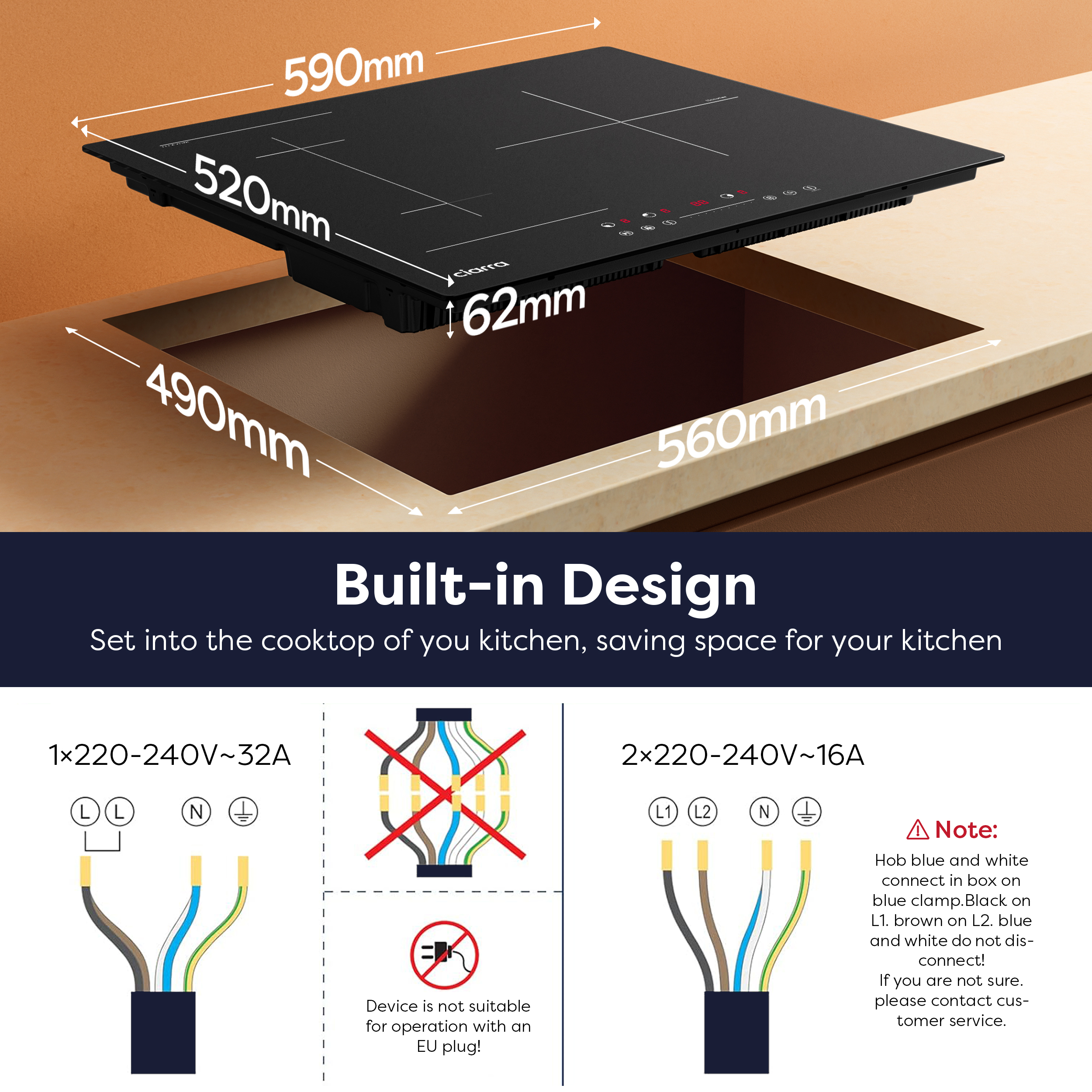 Diagrama que muestra las dimensiones de la placa empotrada y las instrucciones de cableado eléctrico.