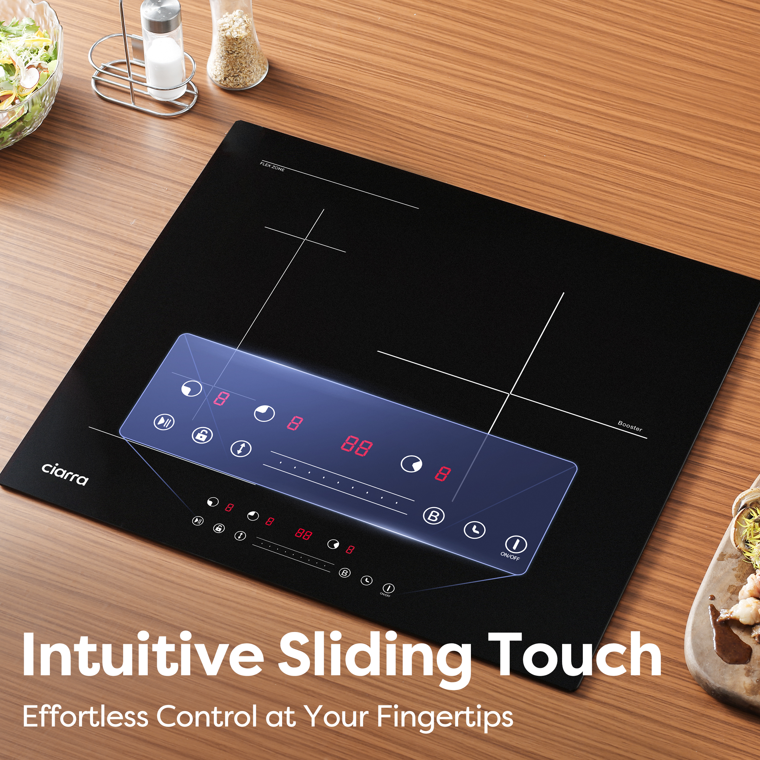 Placa de inducción negra sobre superficie de madera con controles táctiles rojos iluminados.