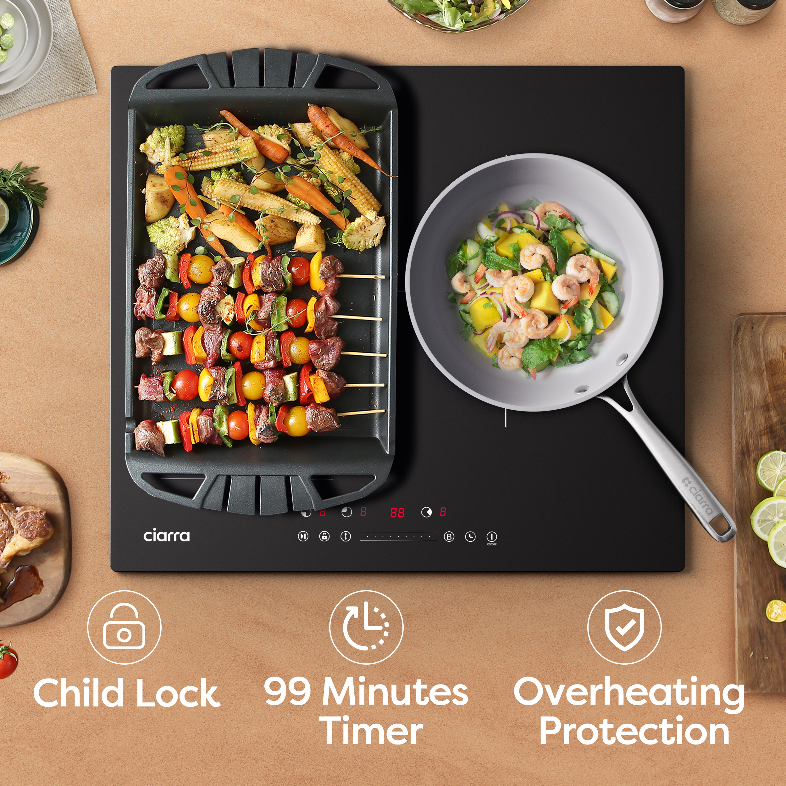 Placa de inducción Ciarra con plancha y sartén con verduras y camarones, además de bloqueo infantil y temporizador.