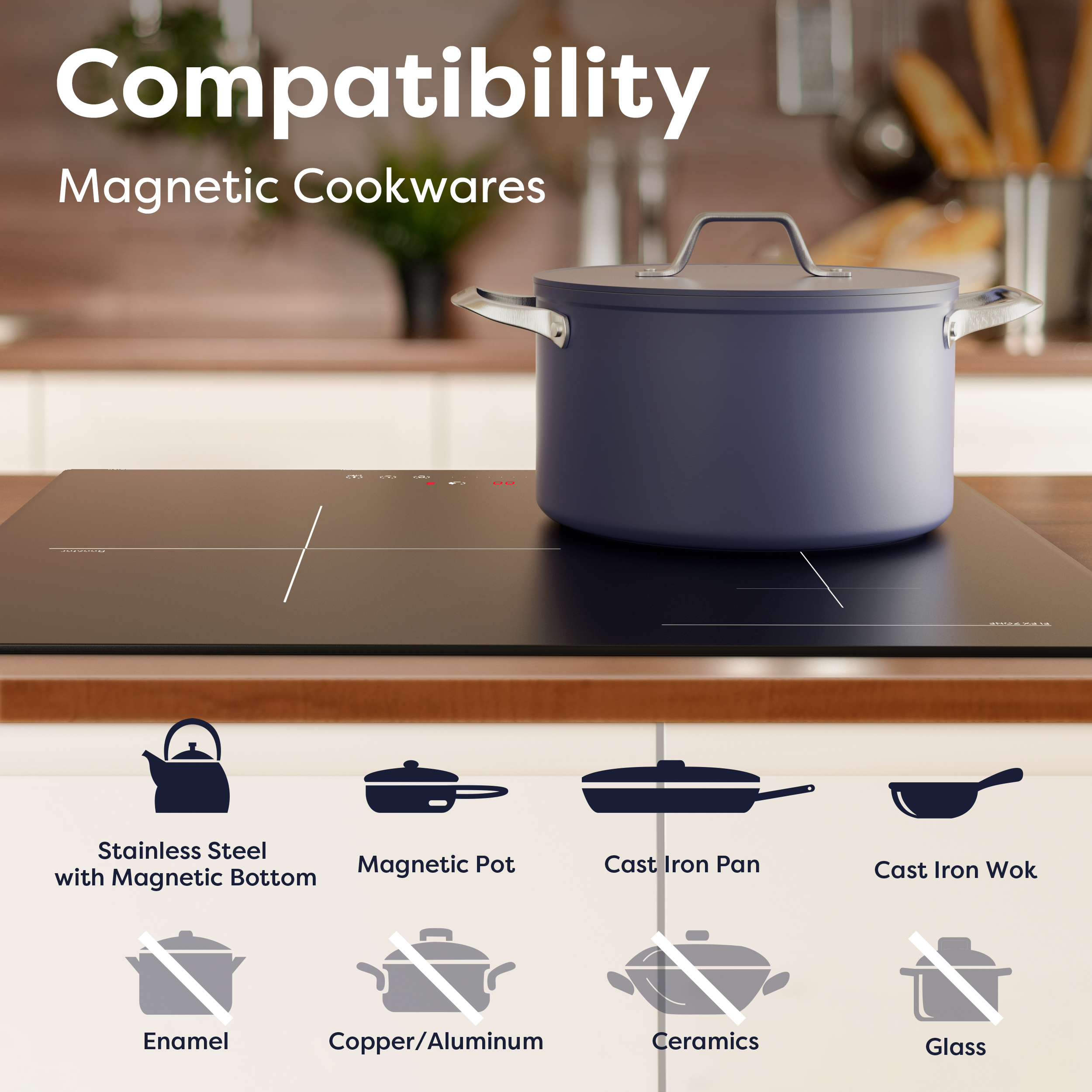 Una olla azul en una placa de inducción con iconos que muestran utensilios de cocina compatibles.