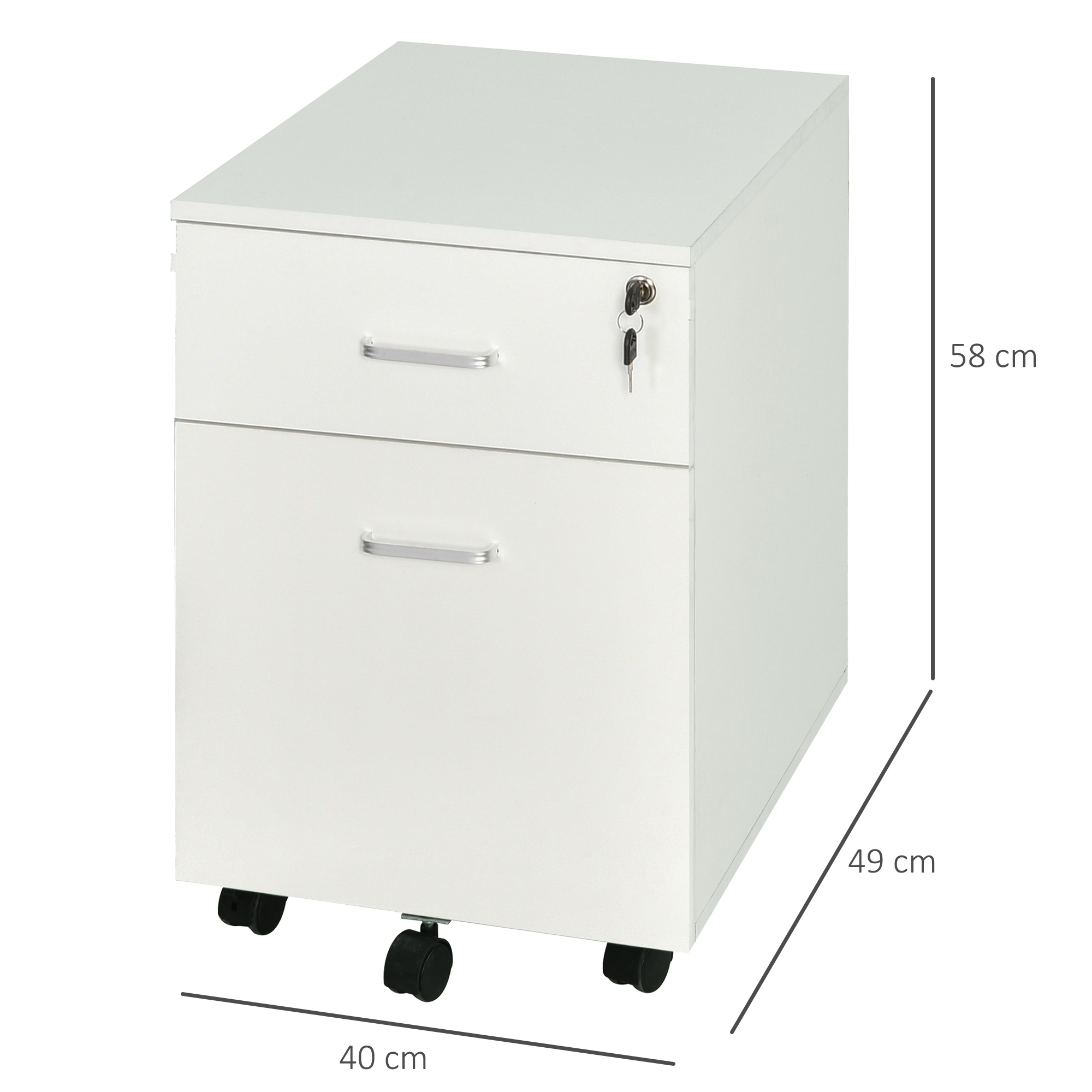 Archivador móvil blanco con dos cajones, cerradura con llave y dimensiones.