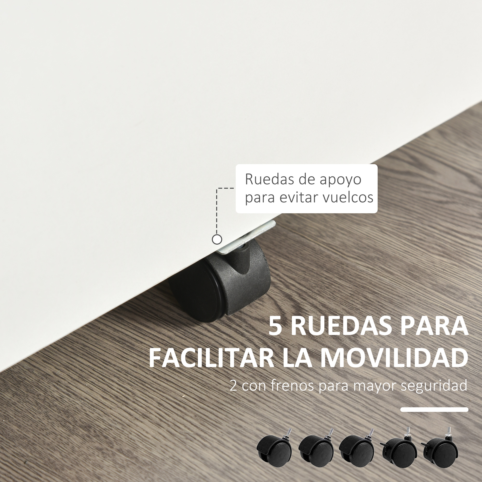 Un mueble blanco sobre cinco ruedas giratorias negras en suelo de madera, con texto en español sobre movilidad y seguridad.