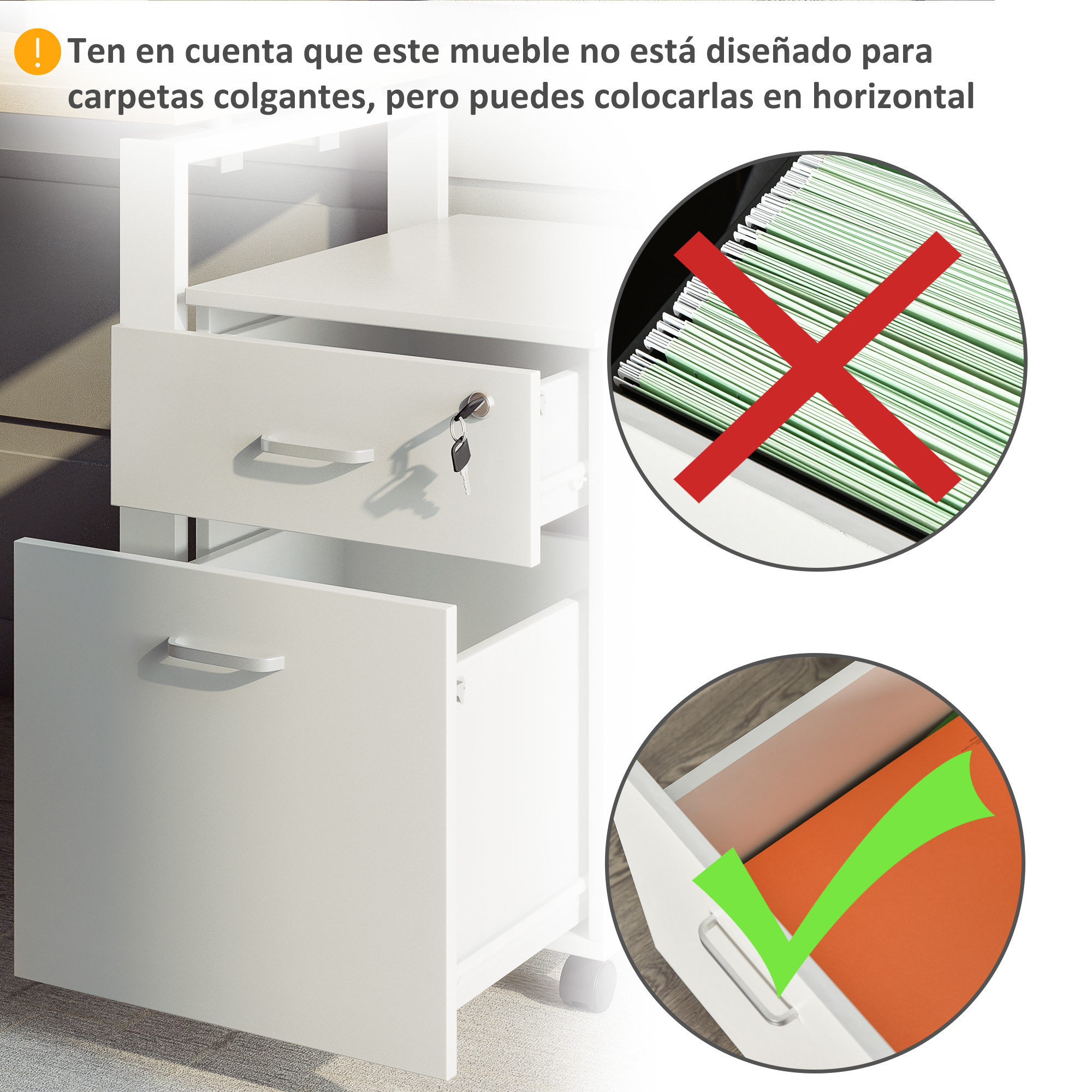 Archivador blanco con instrucciones para colocar carpetas en horizontal y no vertical.
