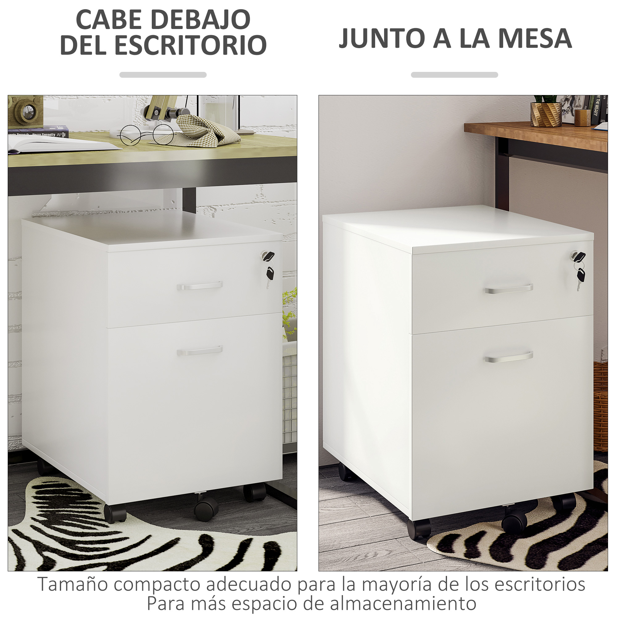 Dos archivadores blancos con ruedas, uno debajo de un escritorio y otro al lado.