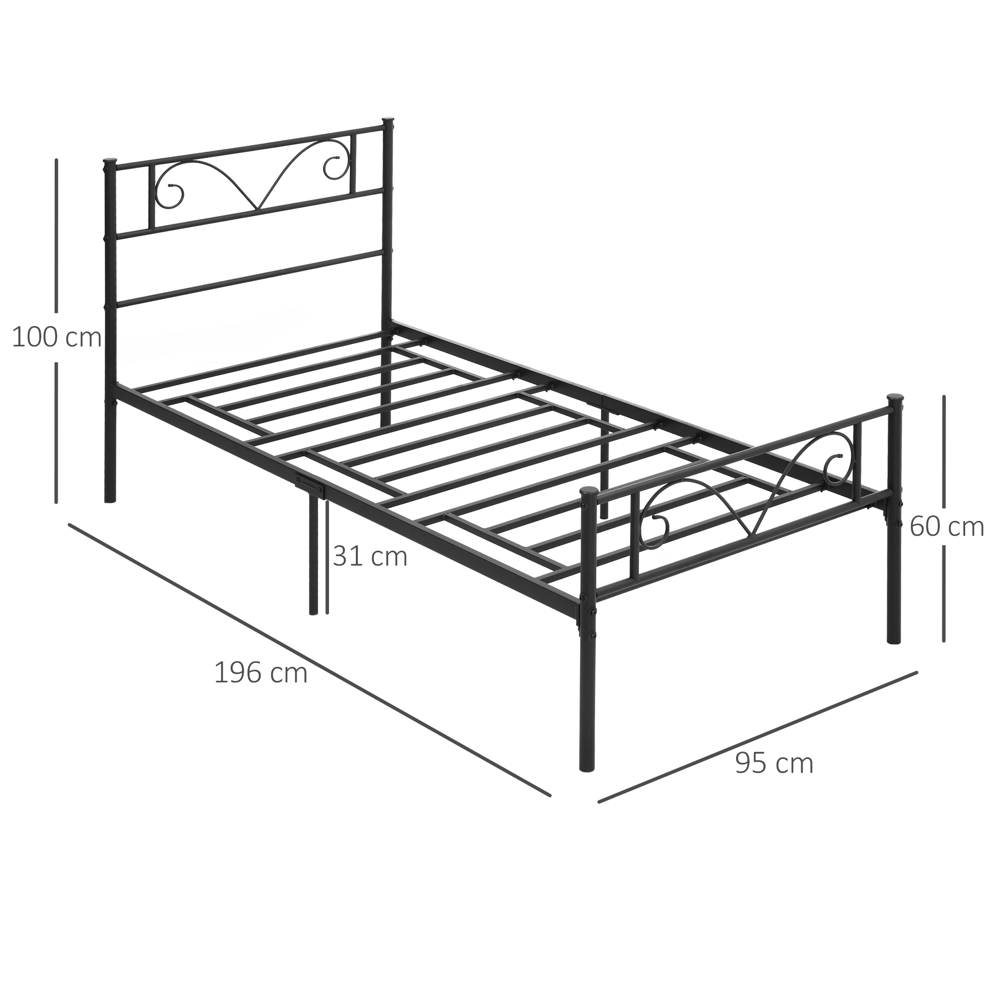 Cama de metal negra con cabecera decorada y flechas de dimensiones.