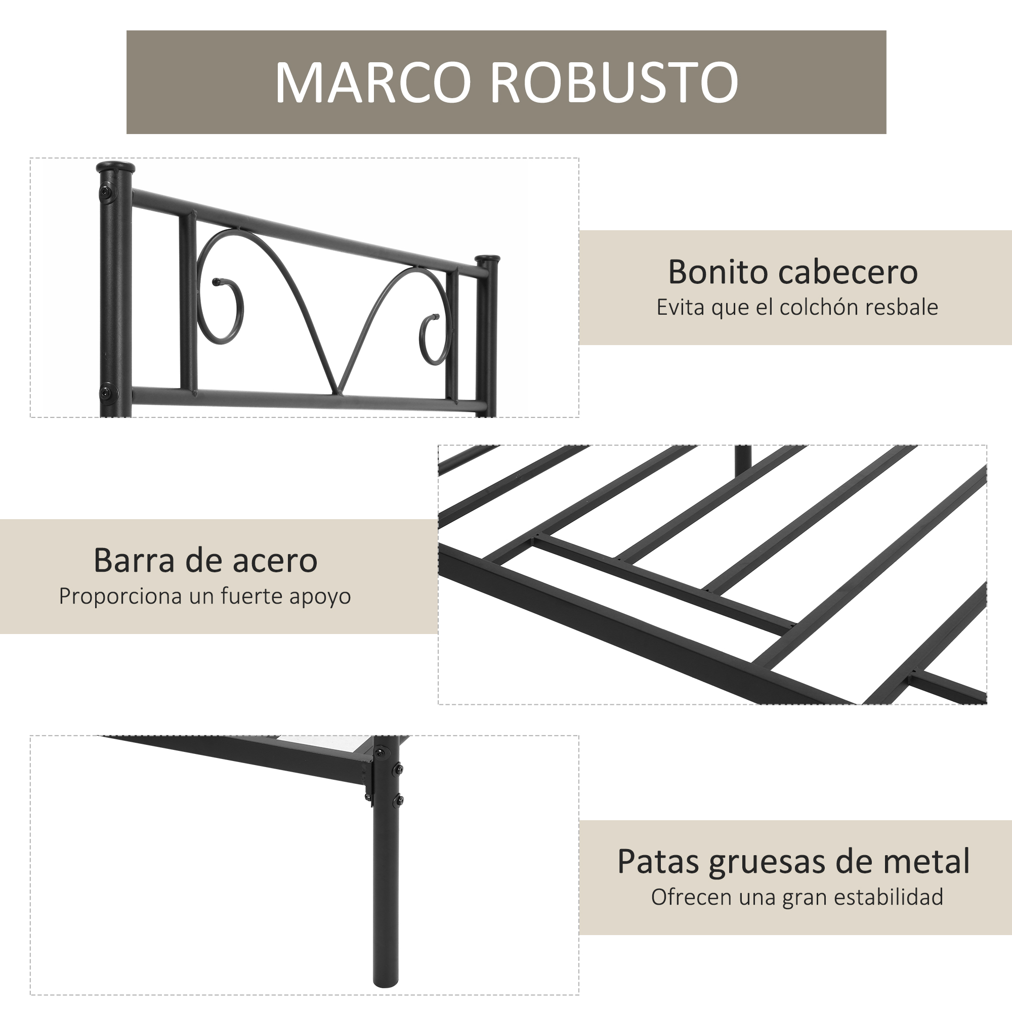 Detalles de estructura de cama de metal robusto, con cabecero decorativo, listones de acero y patas gruesas.
